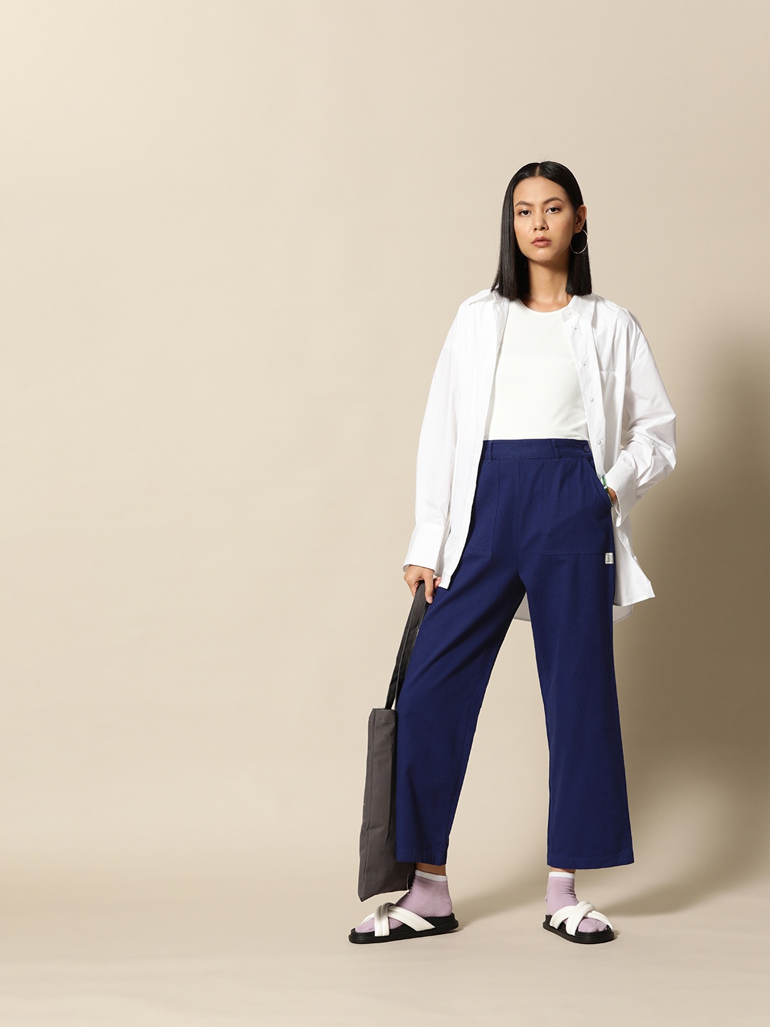 

BOWER Women Cotton Relaxed Trouser, Navy blue