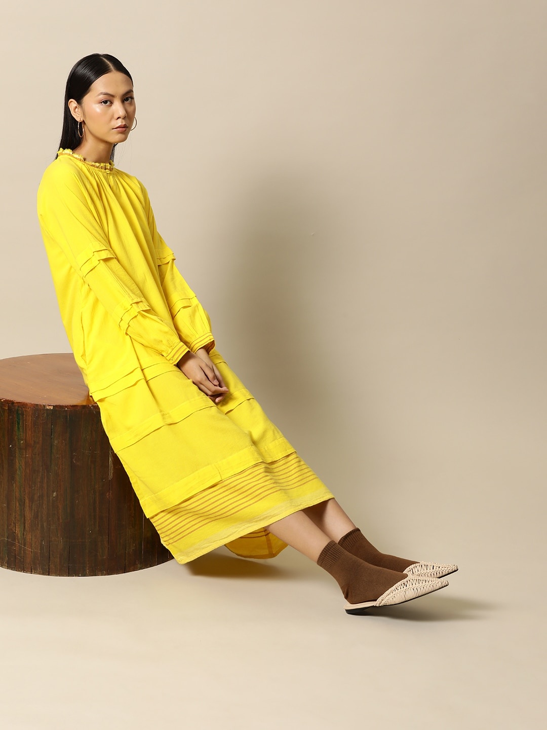 

BOWER Women Mustard Yellow Solid Premium Cotton A-Line Dress