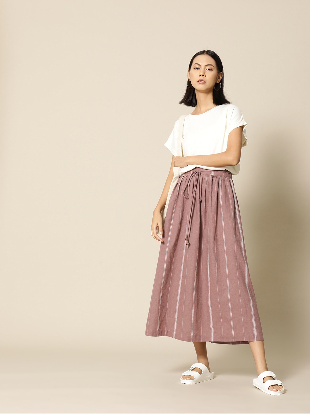 

BOWER Women Mauve & Off-White Linen Cotton Striped A-Line Maxi Skirt