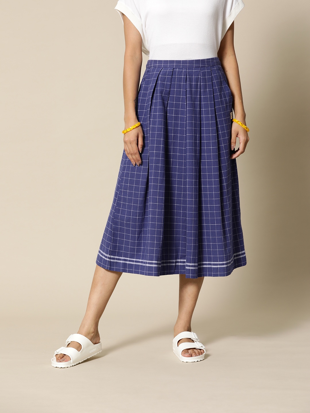

BOWER Women Navy Blue & White Checked Cotton Elasticated Pleated Skirt with Pockets