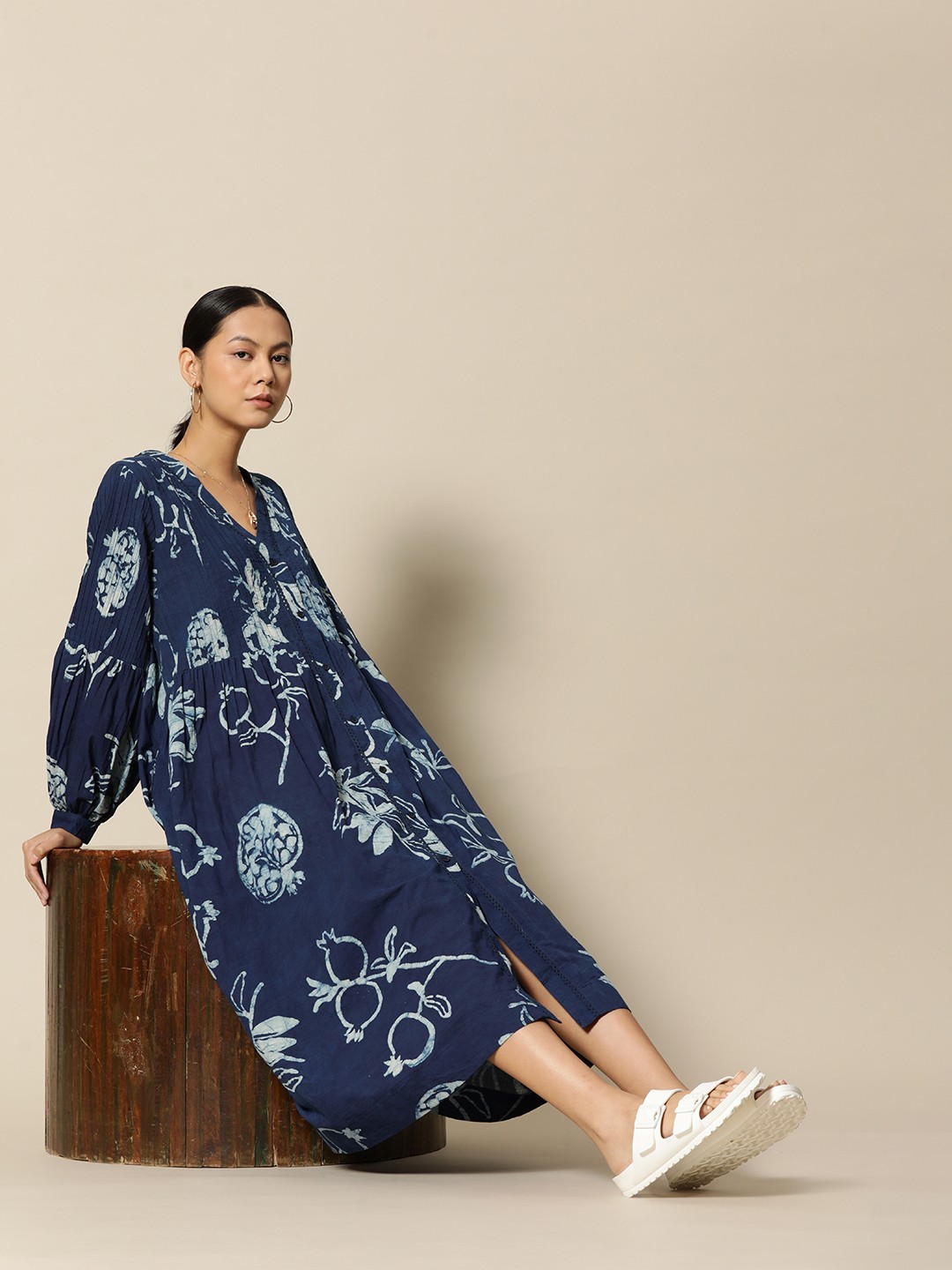 

BOWER Navy Blue Pure Cotton Printed A-Line Midi Dress
