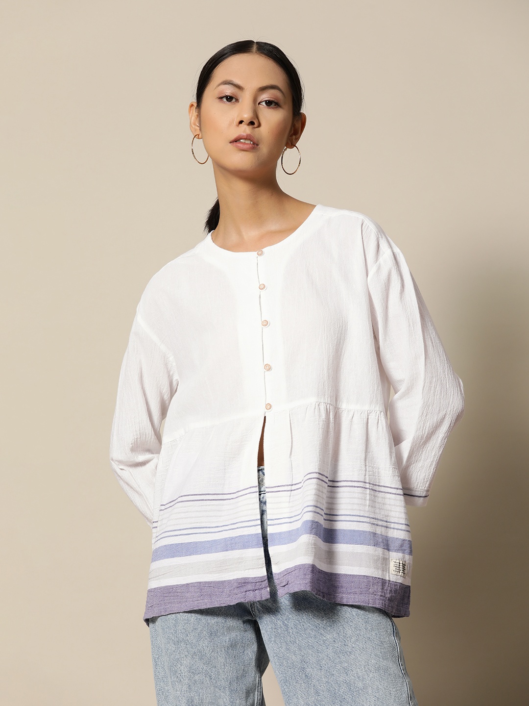 

BOWER White & Blue Crinkle Cotton Striped A-Line Top