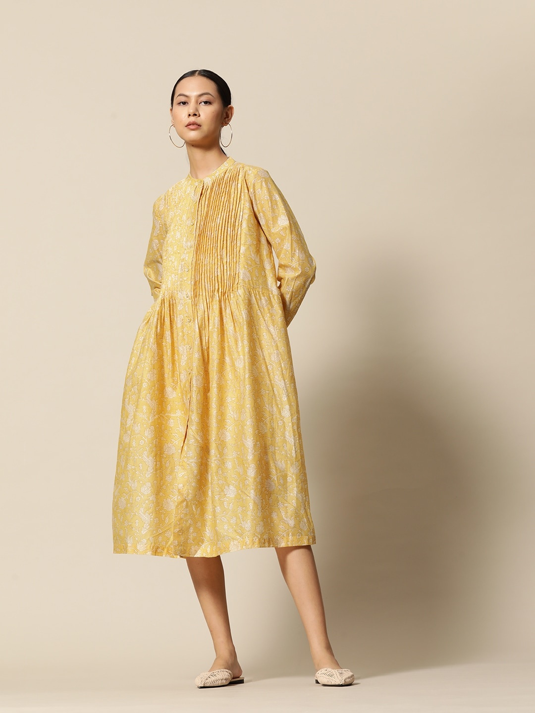 

BOWER Yellow & Off White Chanderi Silk Handblock Print A-Line Midi Dress