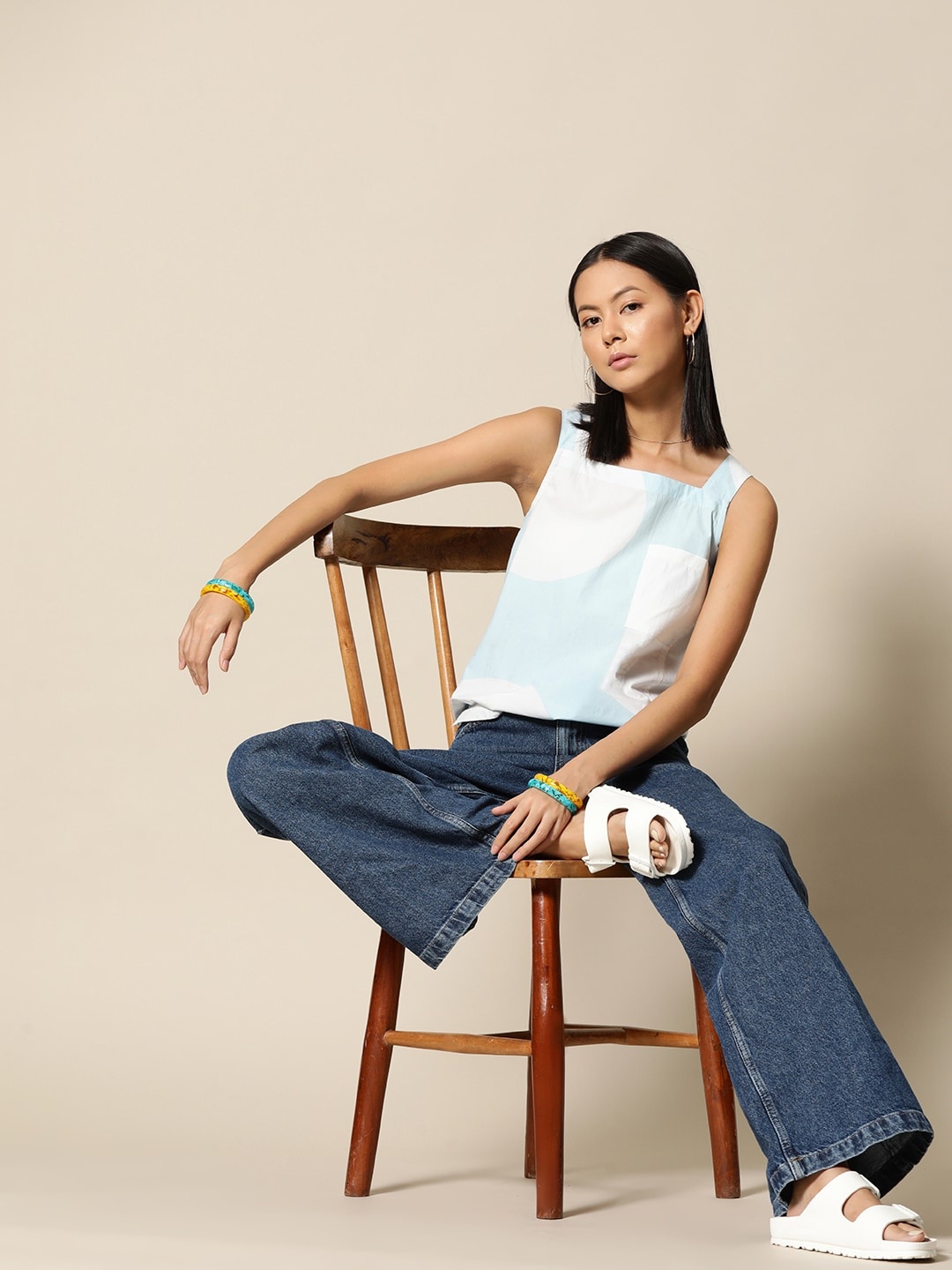 

BOWER Blue & White Pure Cotton Print Top