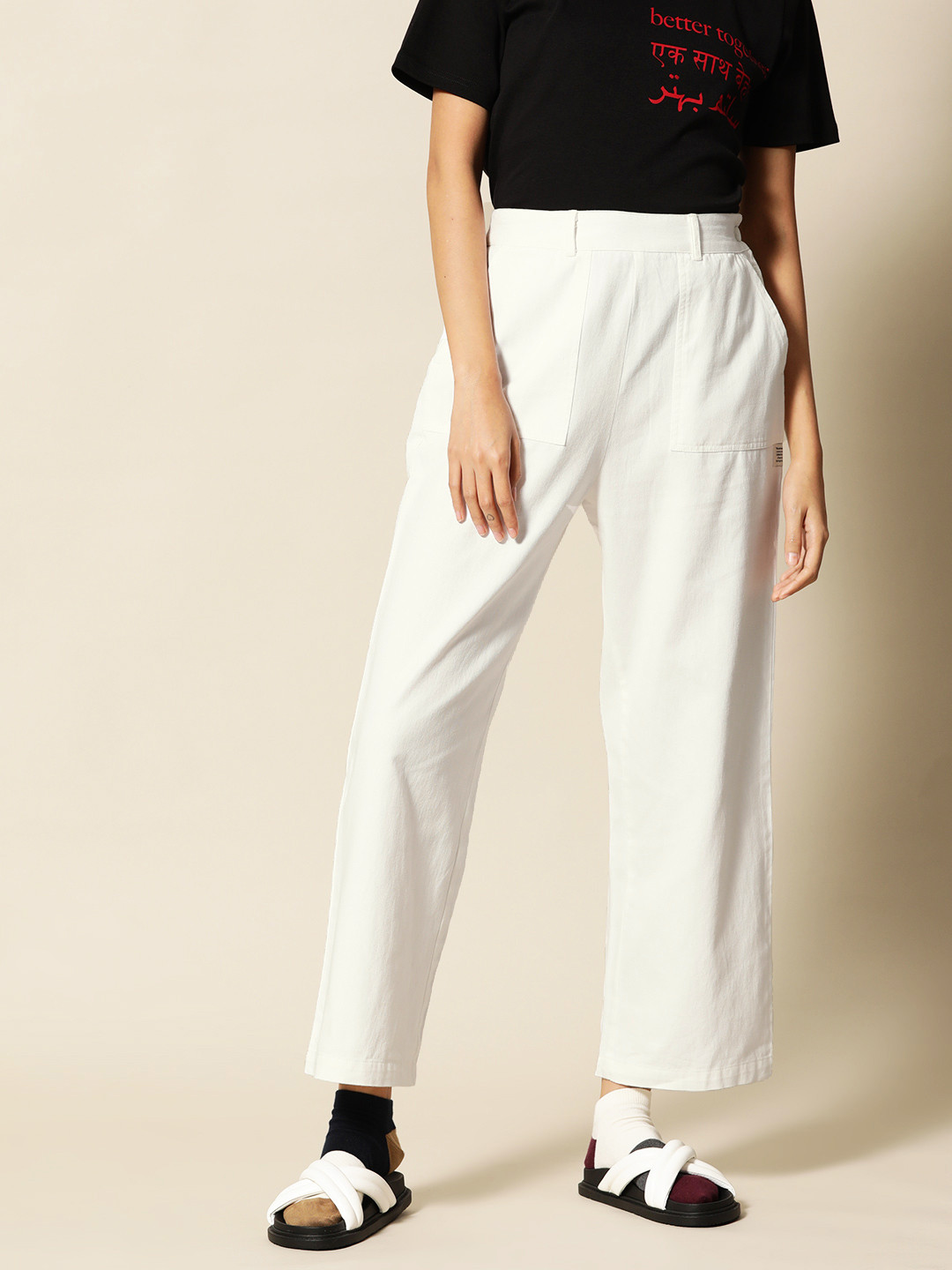 

BOWER Women Cotton Relaxed Trouser, White