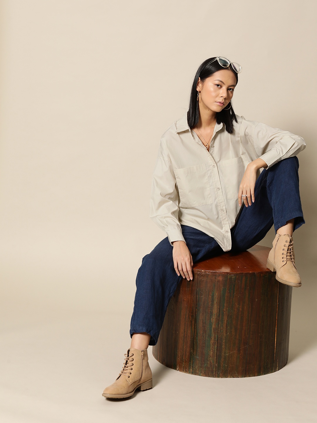 

BOWER Women Off White Cotton Solid Casual Shirt