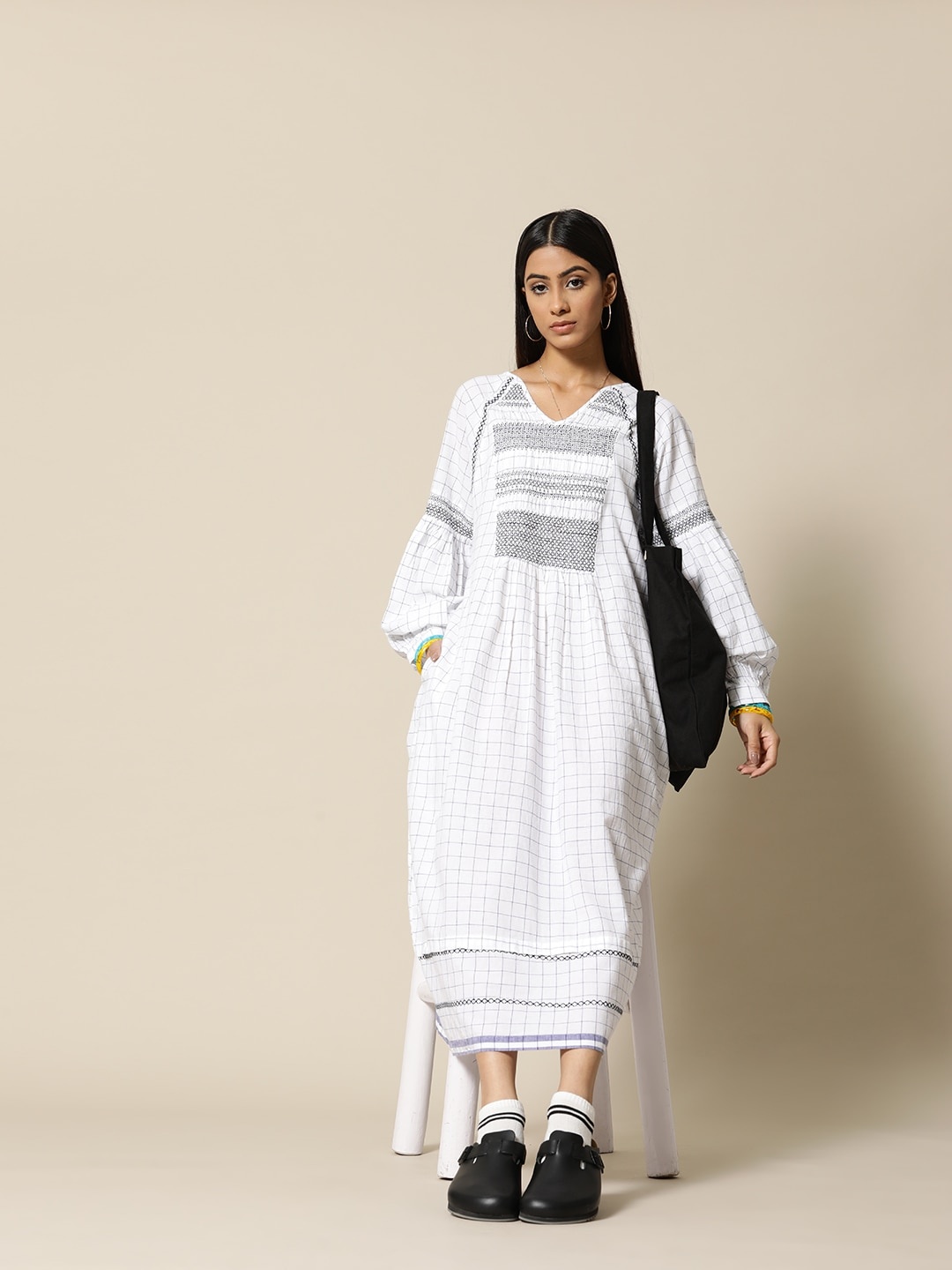 

BOWER White & Navy Blue Checked Premium Cotton Embroidered Pleated Maxi Dress