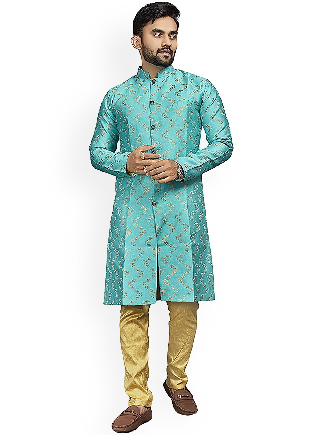

amzira Men Turquoise Blue & Golden Printed Sherwani