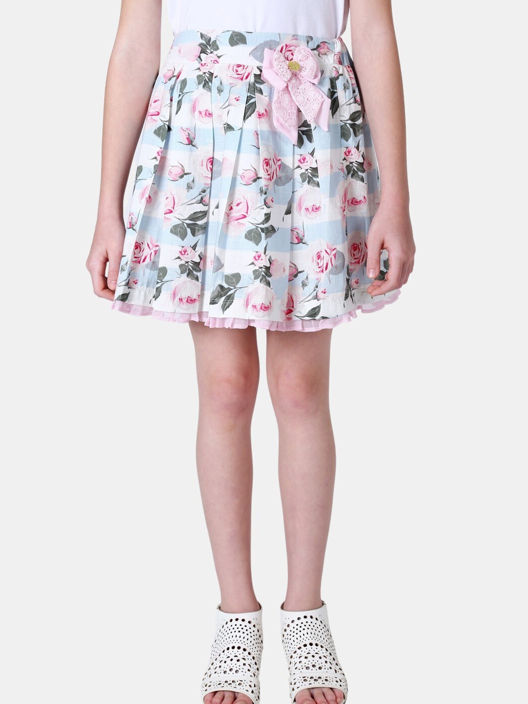 

One Friday Girls Blue & White Floral Printed Cotton Mini Skirt