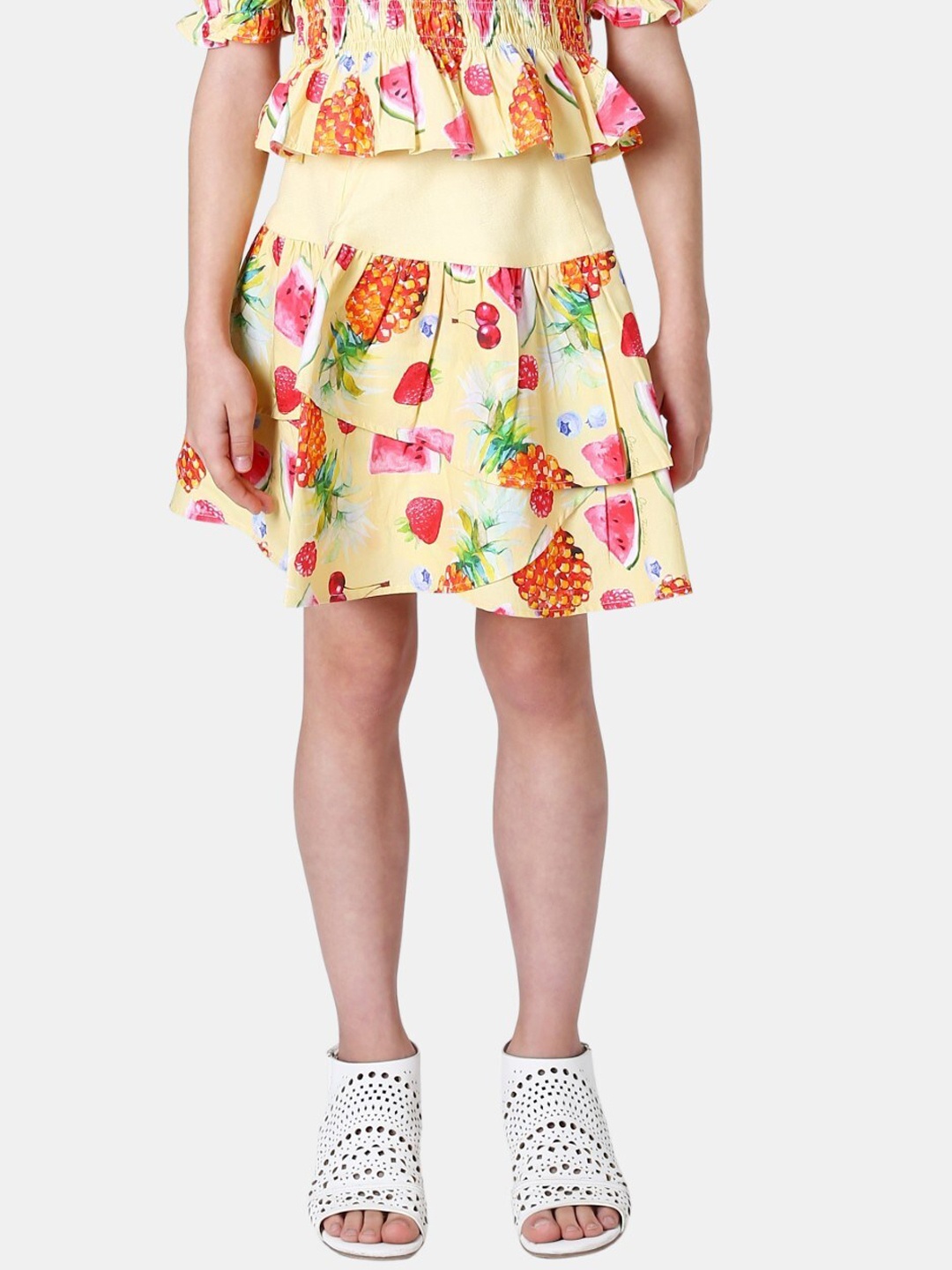 

One Friday Girls Yellow Printed Pure Cotton Skirt