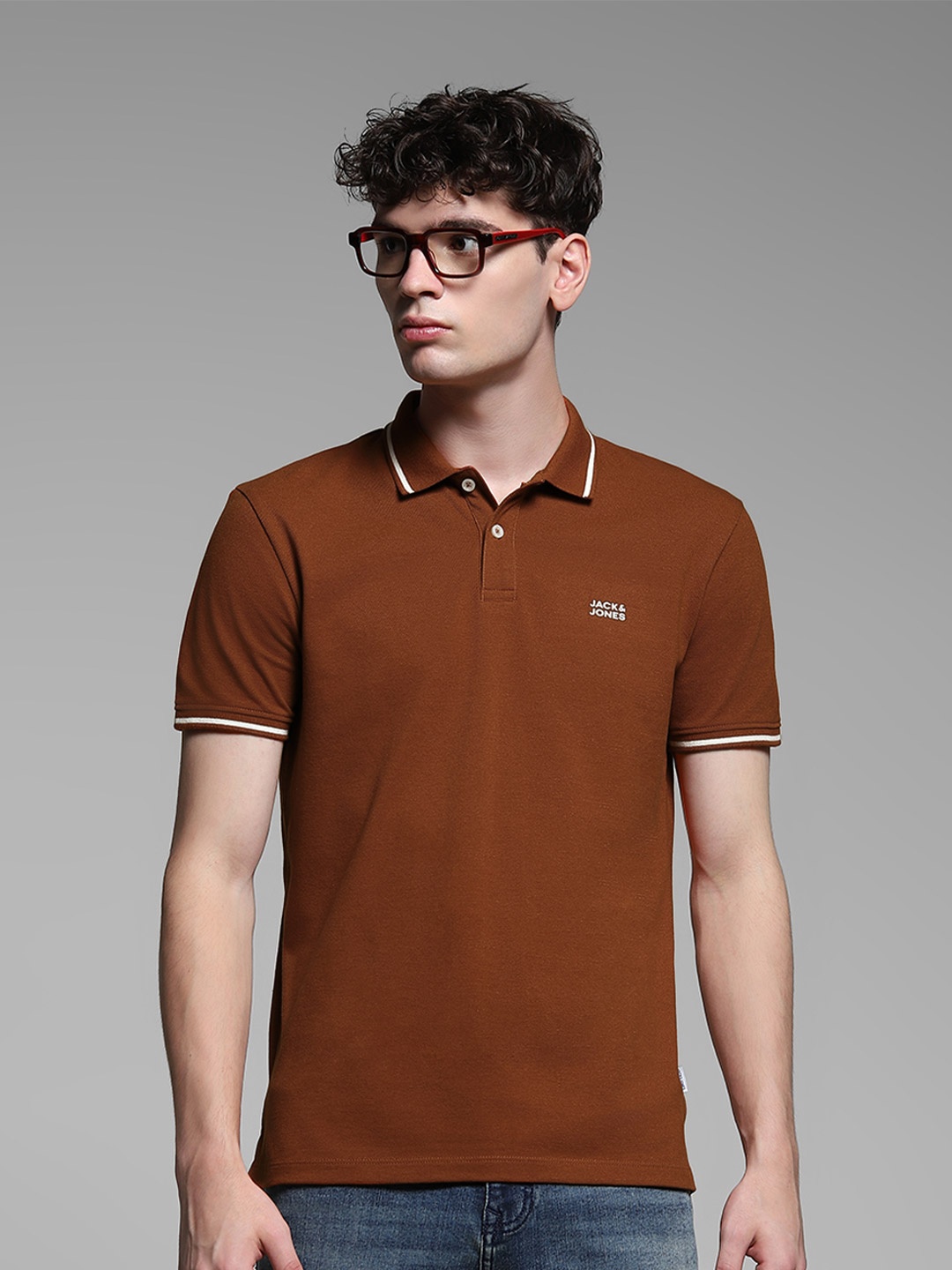 

Jack & Jones Men Brown Polo Collar Slim Fit Lounge T-shirt