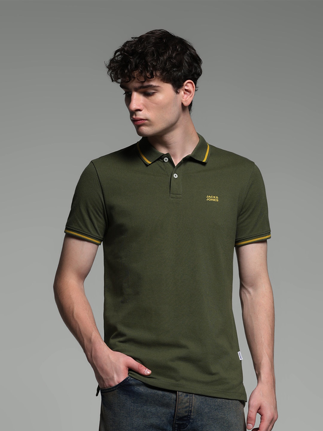 

Jack & Jones Men Olive Green Cotton Solid Polo Collar Slim Fit T-shirt