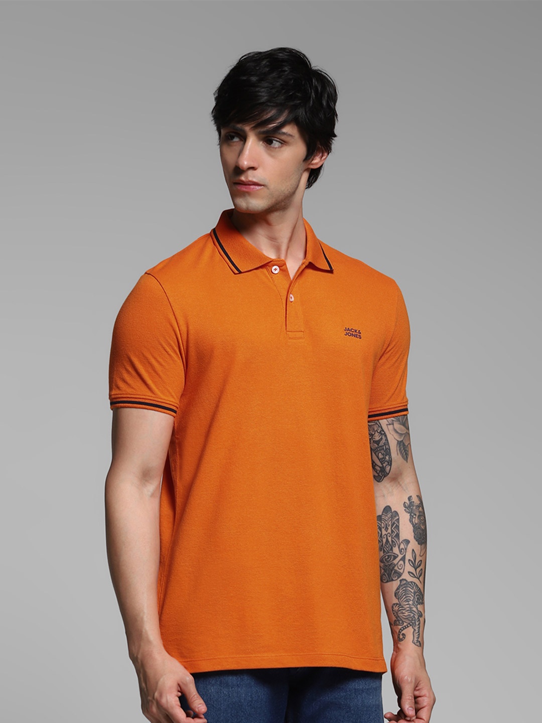 

Jack & Jones Men Orange Pure Cotton Solid Polo Neck Slim Fit T-shirt