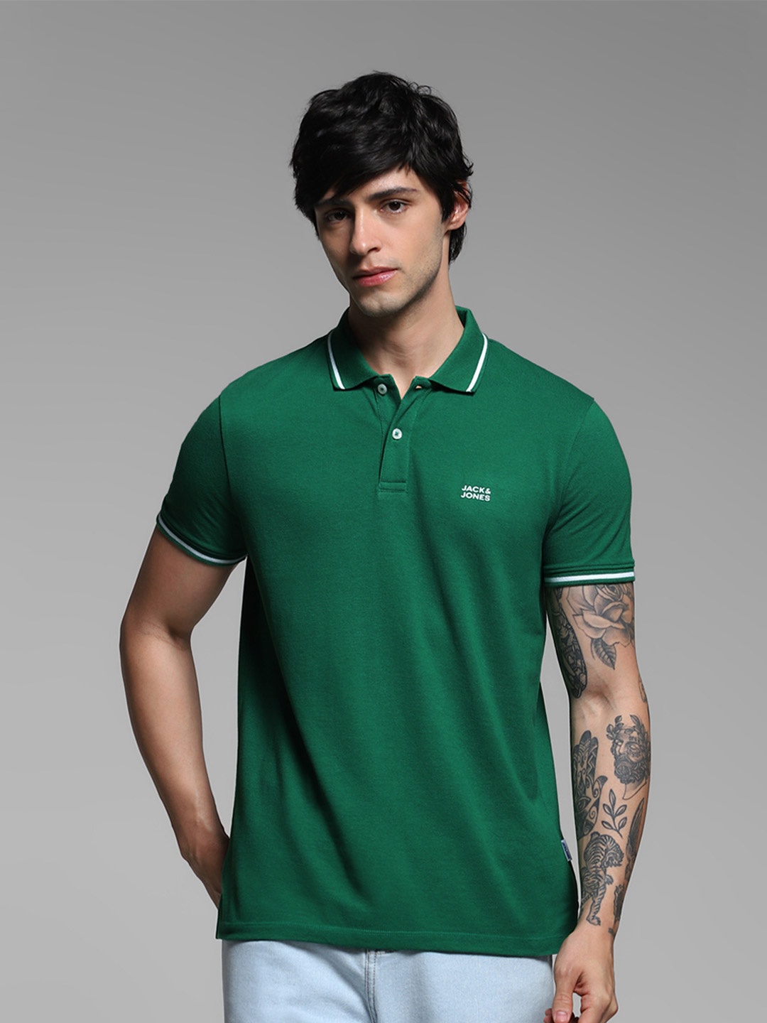 

Jack & Jones Men Green Solid Pure Cotton Polo Collar Slim Fit T-shirt