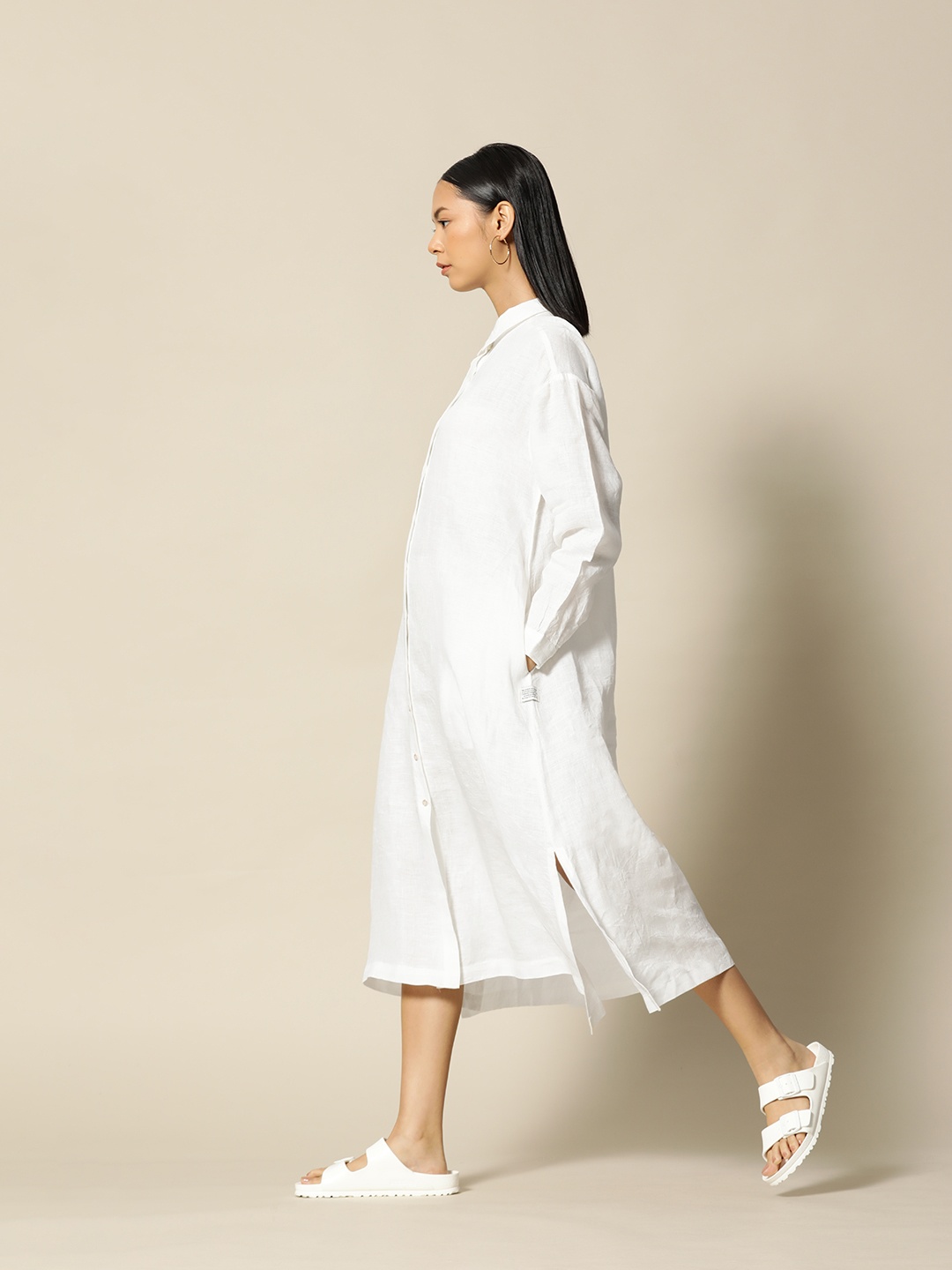 

BOWER Women White Linen Shirt Style Maxi Dress, Off white