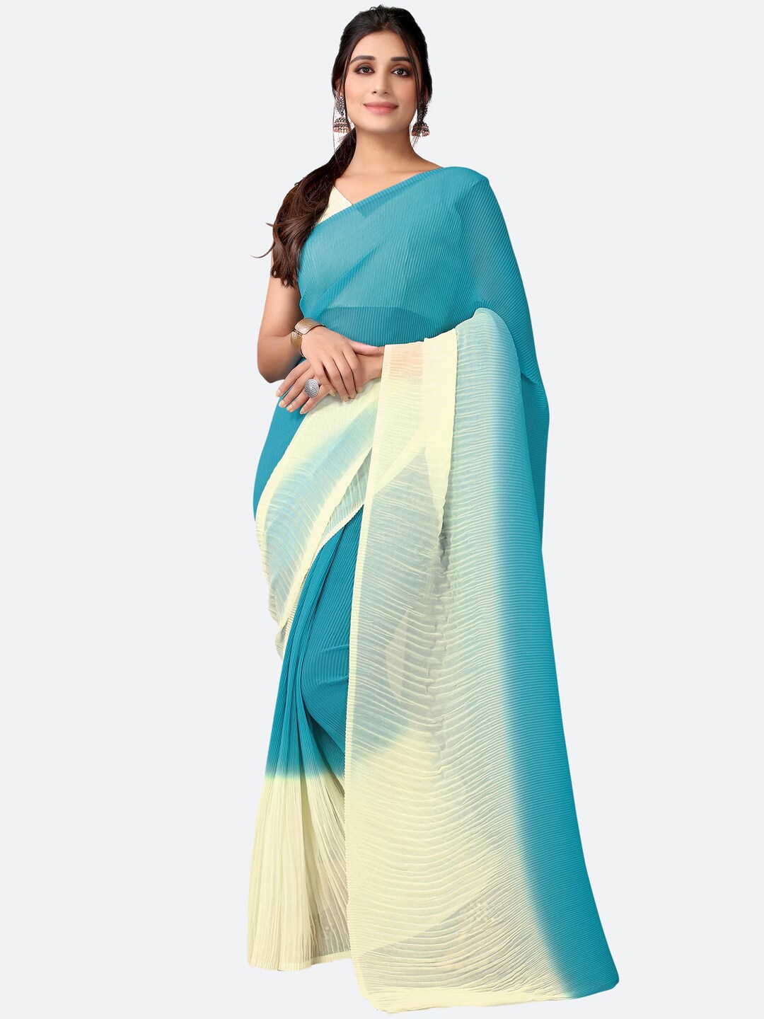 

Satrani Turquoise Blue & Cream-Coloured Colourblocked Saree