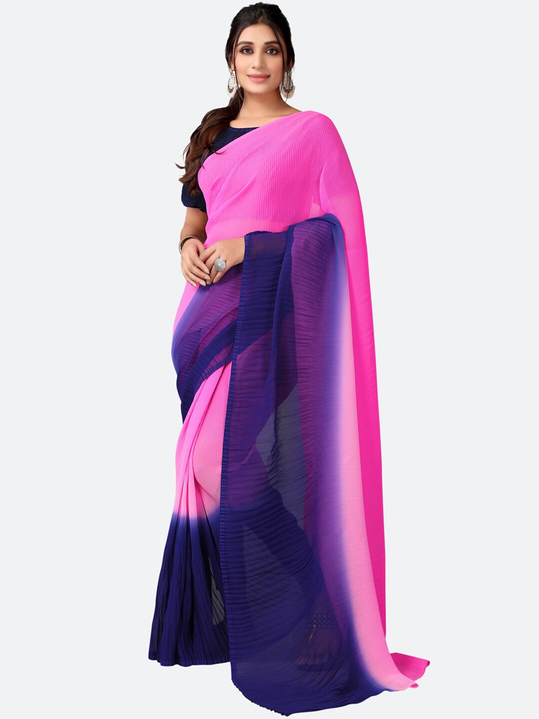 

Satrani Fuchsia & Blue Colourblocked Saree