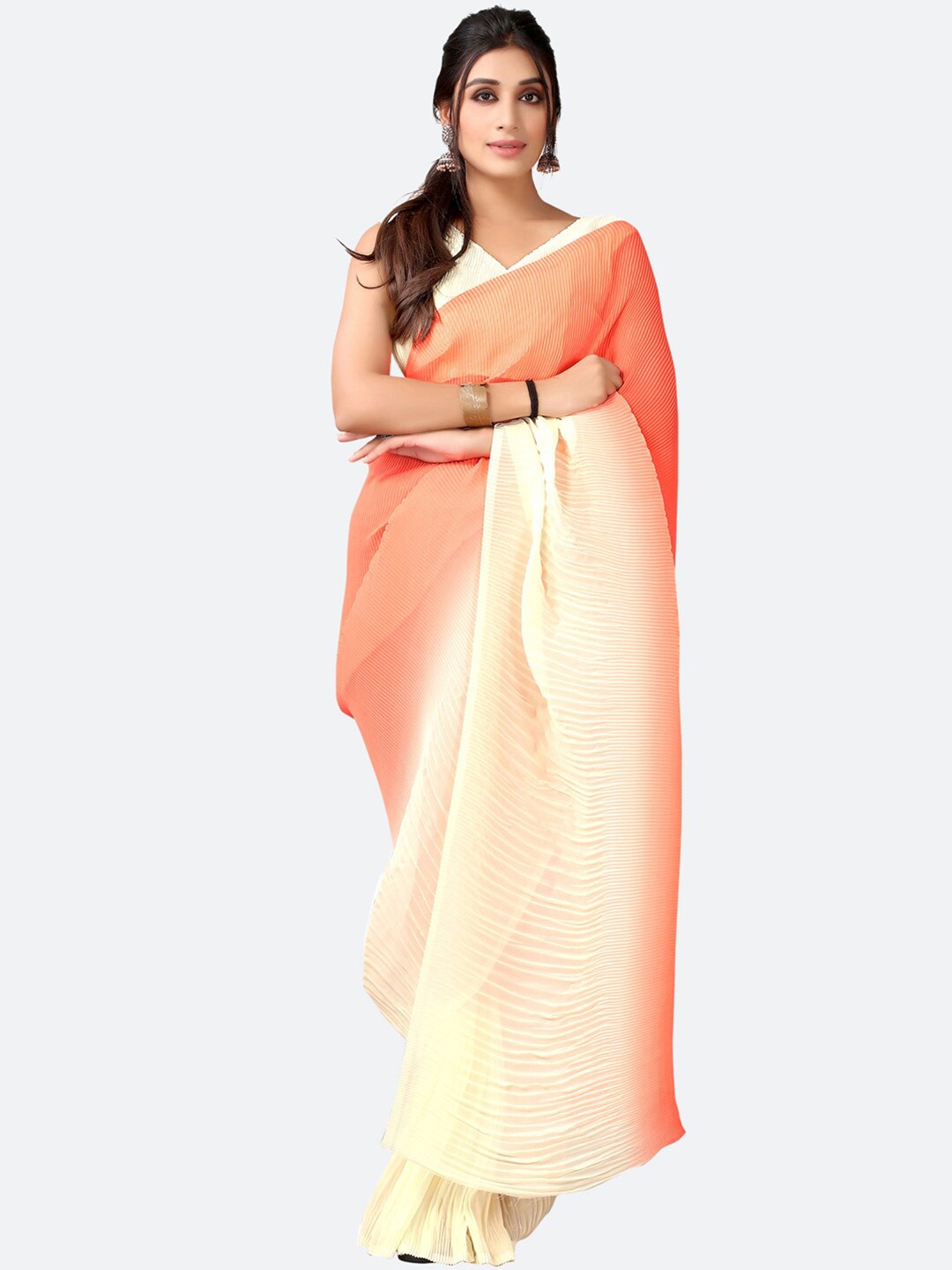 

Satrani Coral & White Colourblocked Half and Half Saree