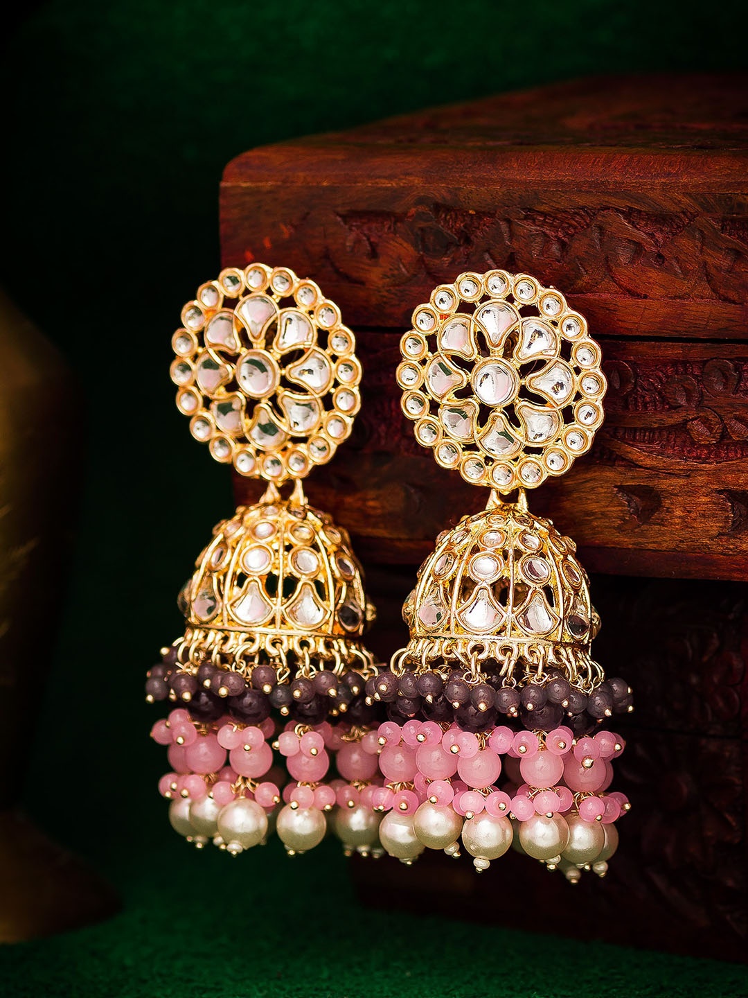

aadita Gold-Toned & Pink Kundan Studded Jhumkas Earrings