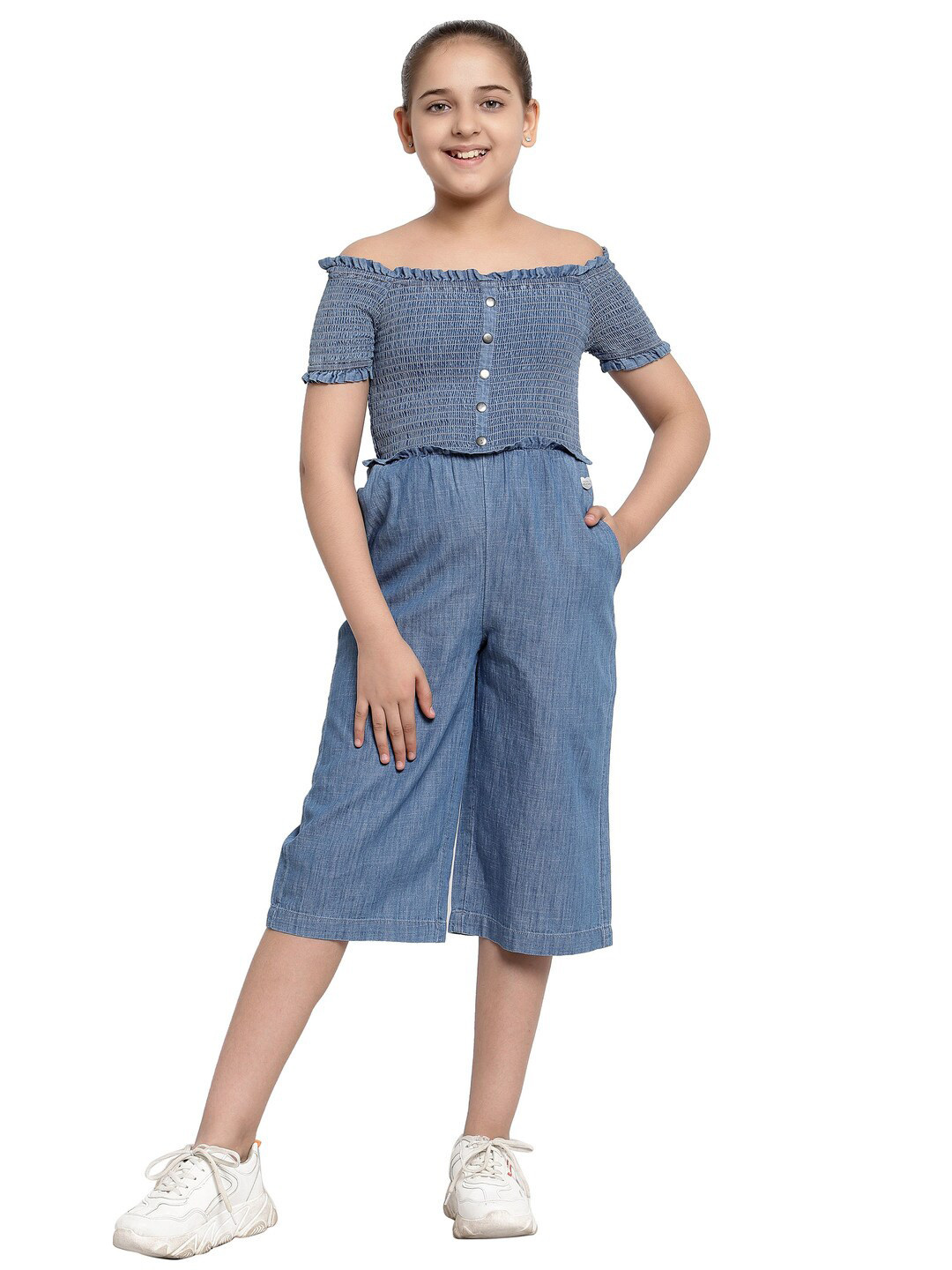 

Pepe Jeans Girls Blue Off-Shoulder Cotton Basic Jumpsuit