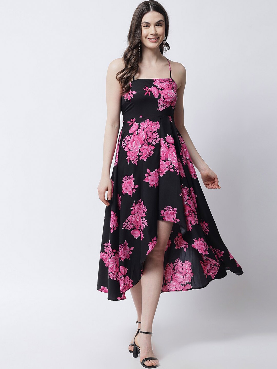 

emeros Black Floral Layered Crepe Midi Dress