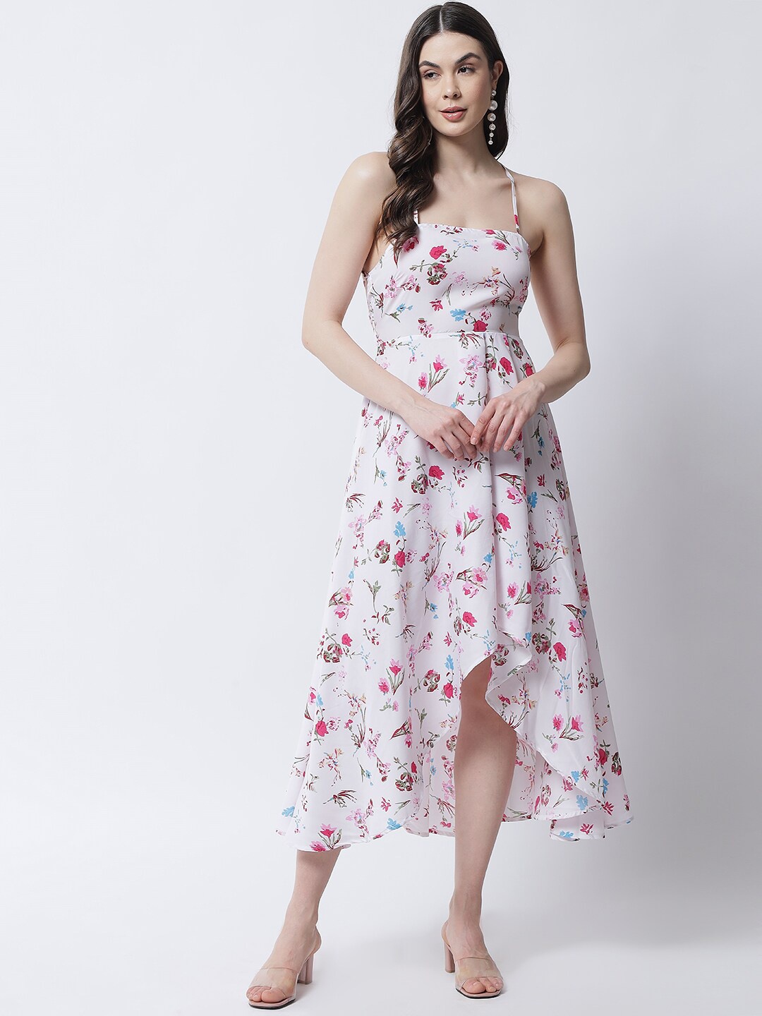 

emeros White & Pink Floral Printed Stylized Back High Low Crepe Maxi Dress