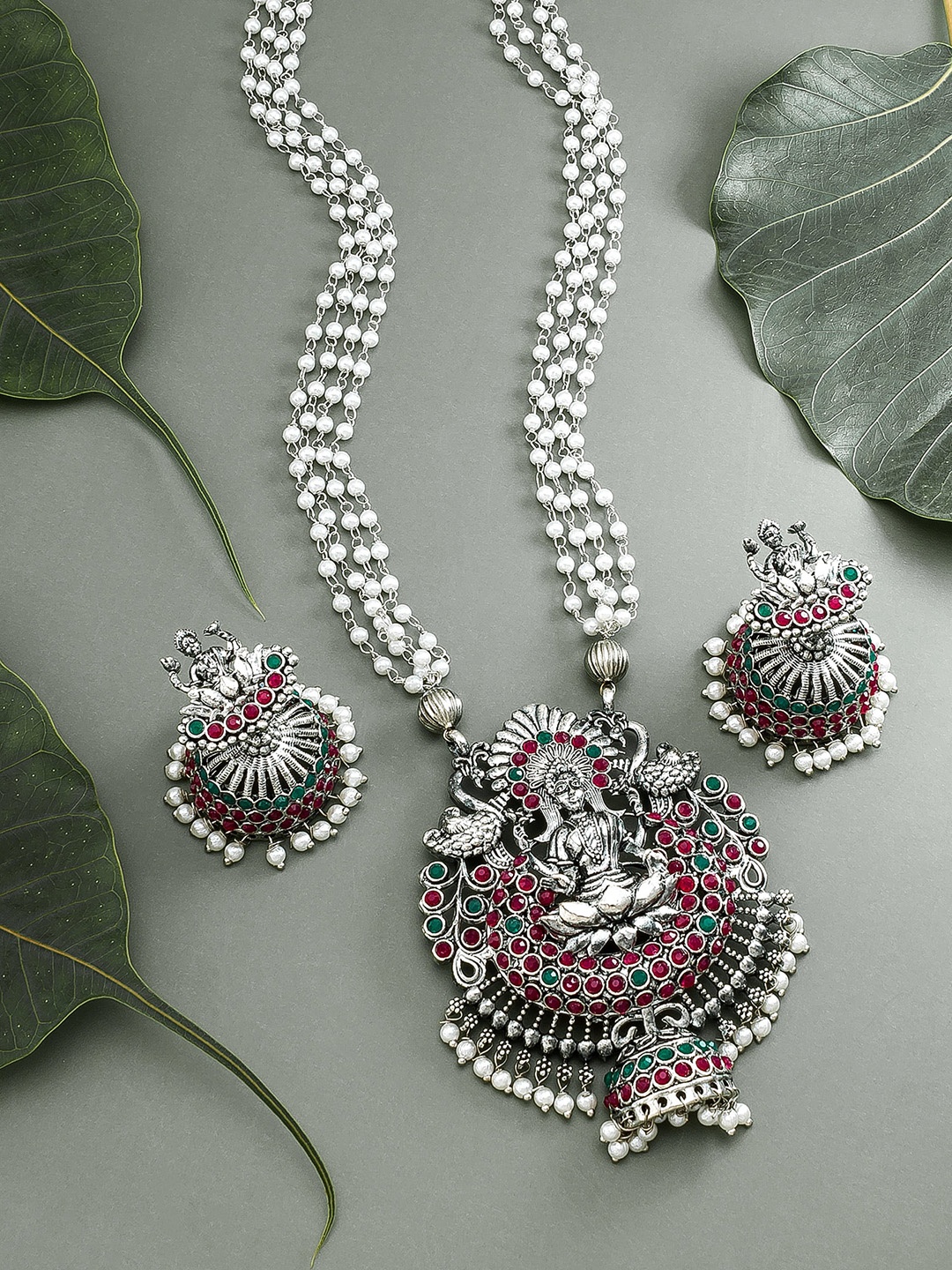 

aadita Silver-Plated White Pearl Beaded Temple Jewellery Set
