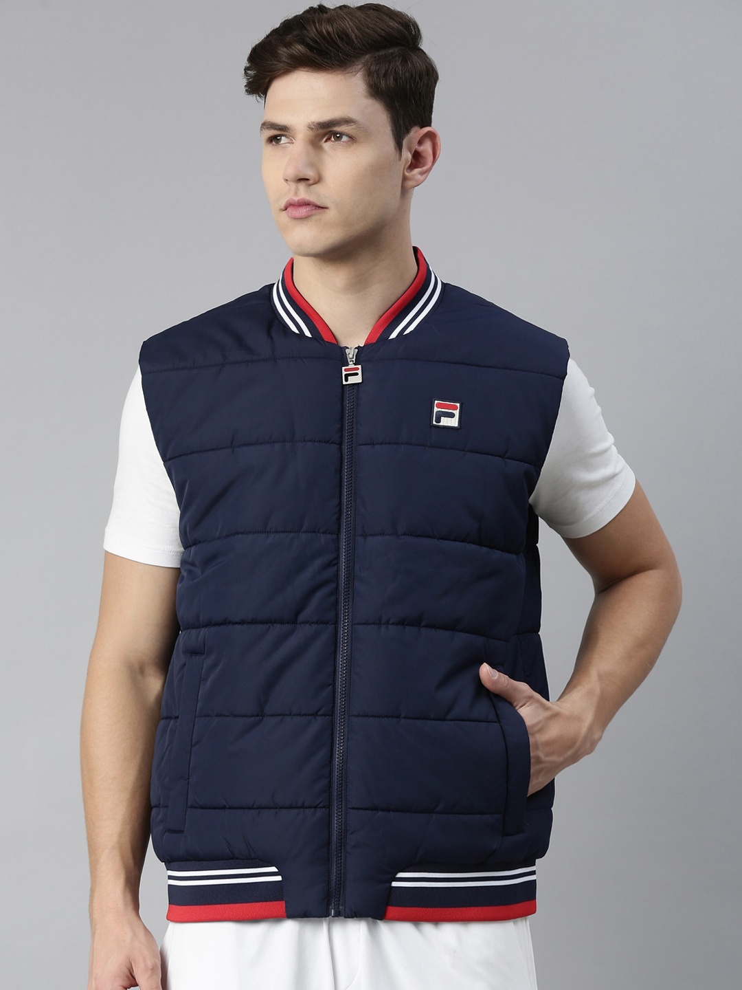 

FILA Men Blue Striped Training or Gym Padded Jacket