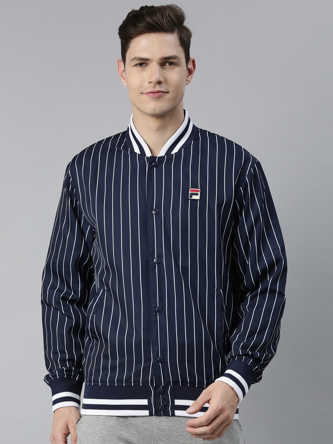 

FILA Men Blue White Striped Training or Gym Bomber Jacket