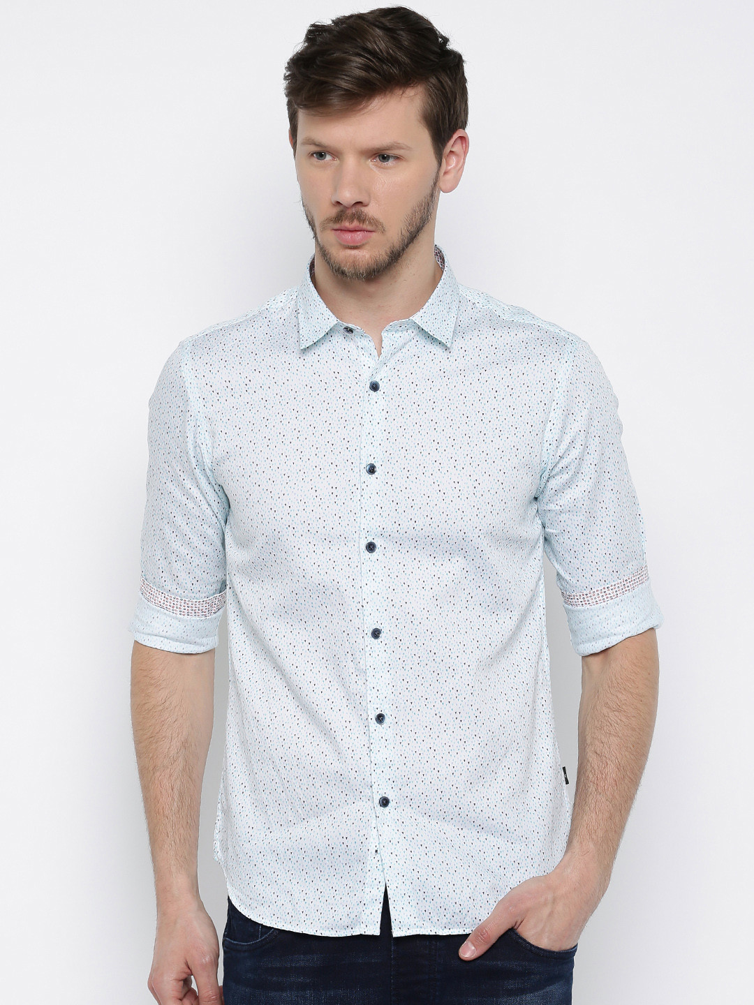 

Flying Machine White Slim Fit Printed Casual Shirt, Blue