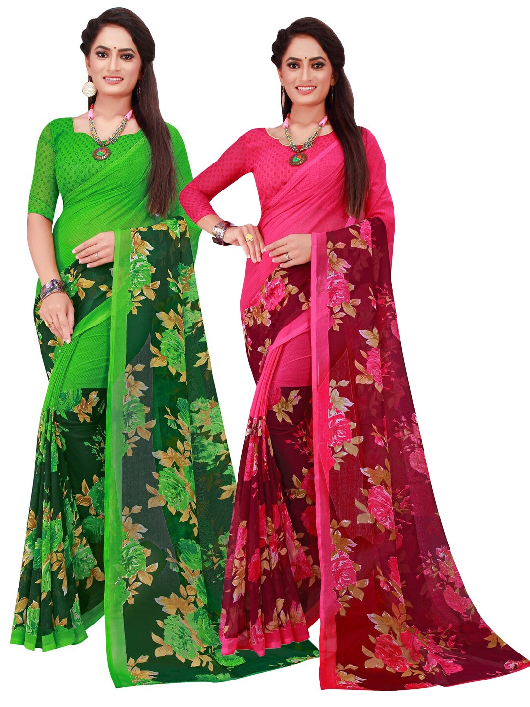 

SAADHVI Green & Magenta Printed Pure Georgette Saree Pack Of 2