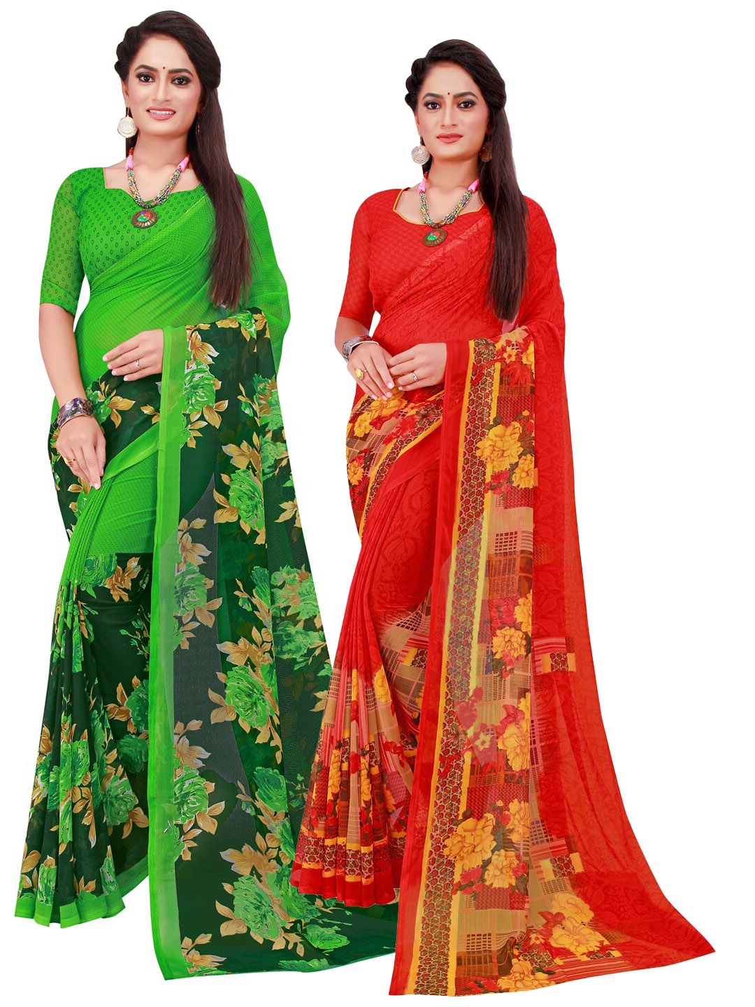 

SAADHVI Green & Red Floral Printed Pure Georgette Saree Pack Of 2