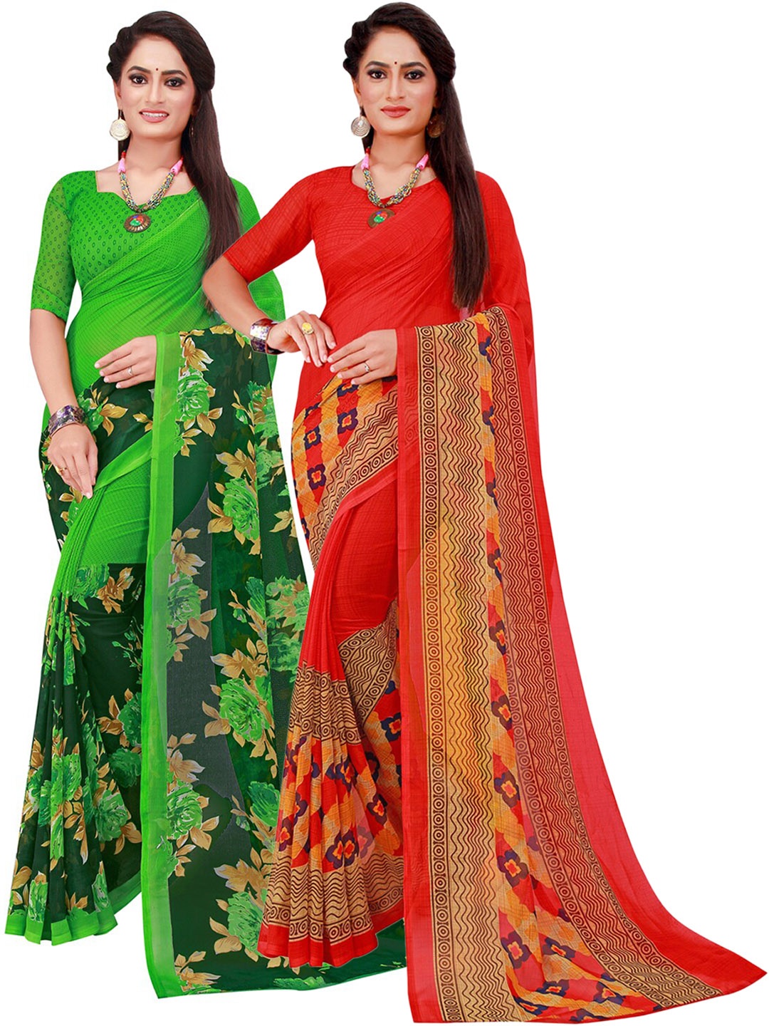 

SAADHVI Pack Of 2 Red & Green Pure Georgette Sarees