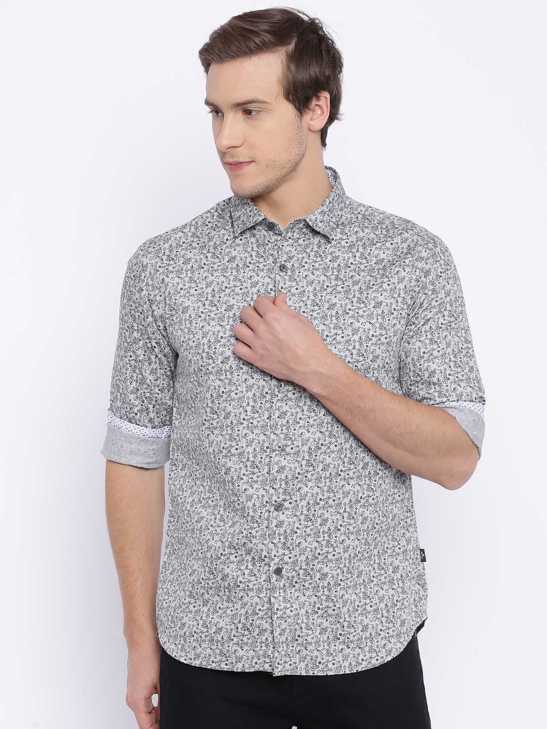 

Flying Machine Men Grey & Black Slim Fit Printed Casual Shirt