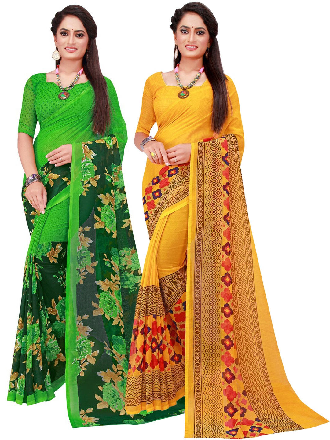 

SAADHVI Set Of 2 Green & Yellow Floral Pure Georgette Saree