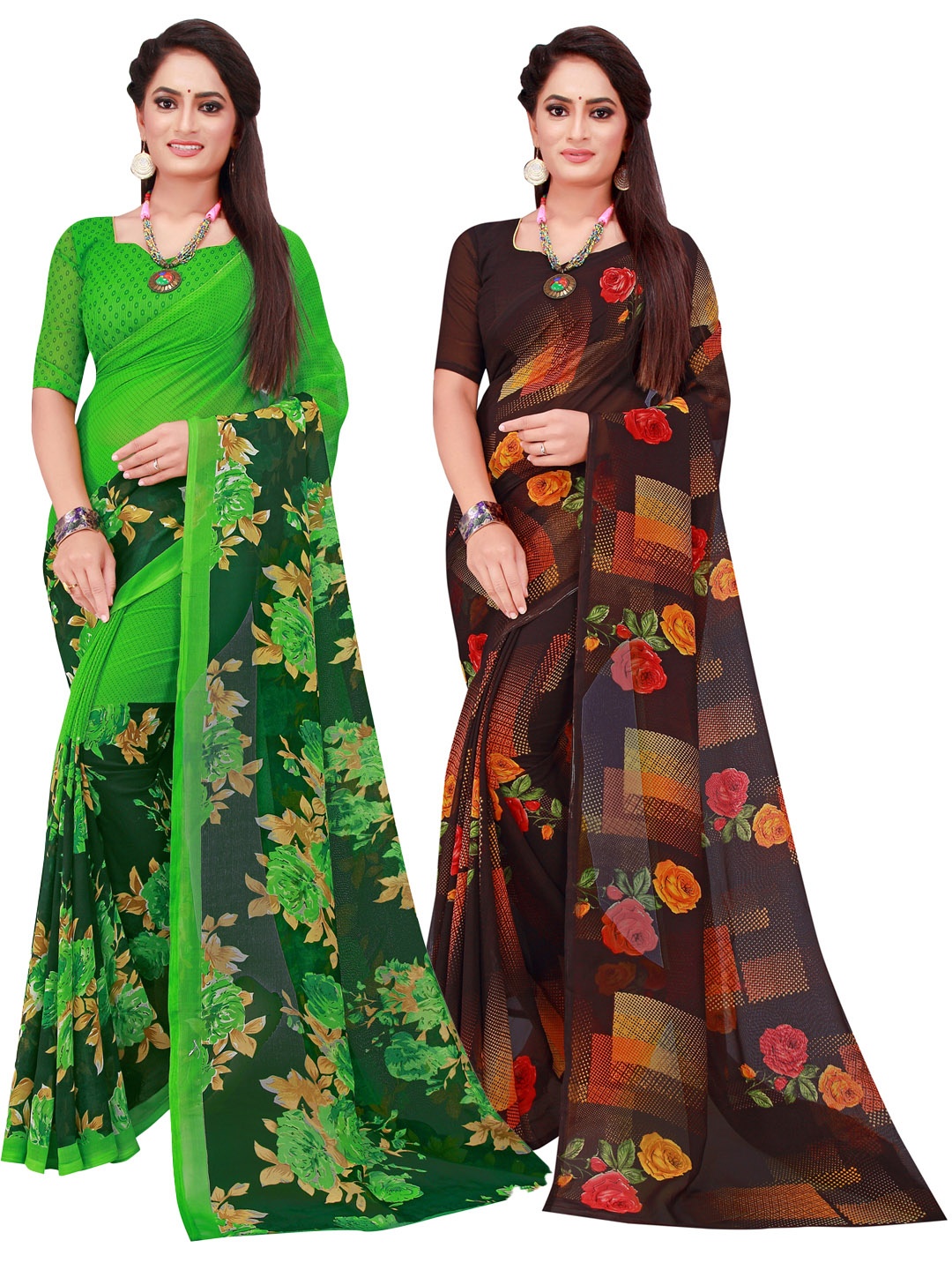 SAADHVI Green & Black Floral Pure Georgette Saree