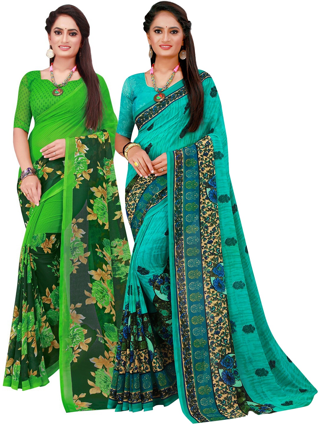 

SAADHVI Green & Turquoise Blue Set of 2 Floral Printed Georgette saree