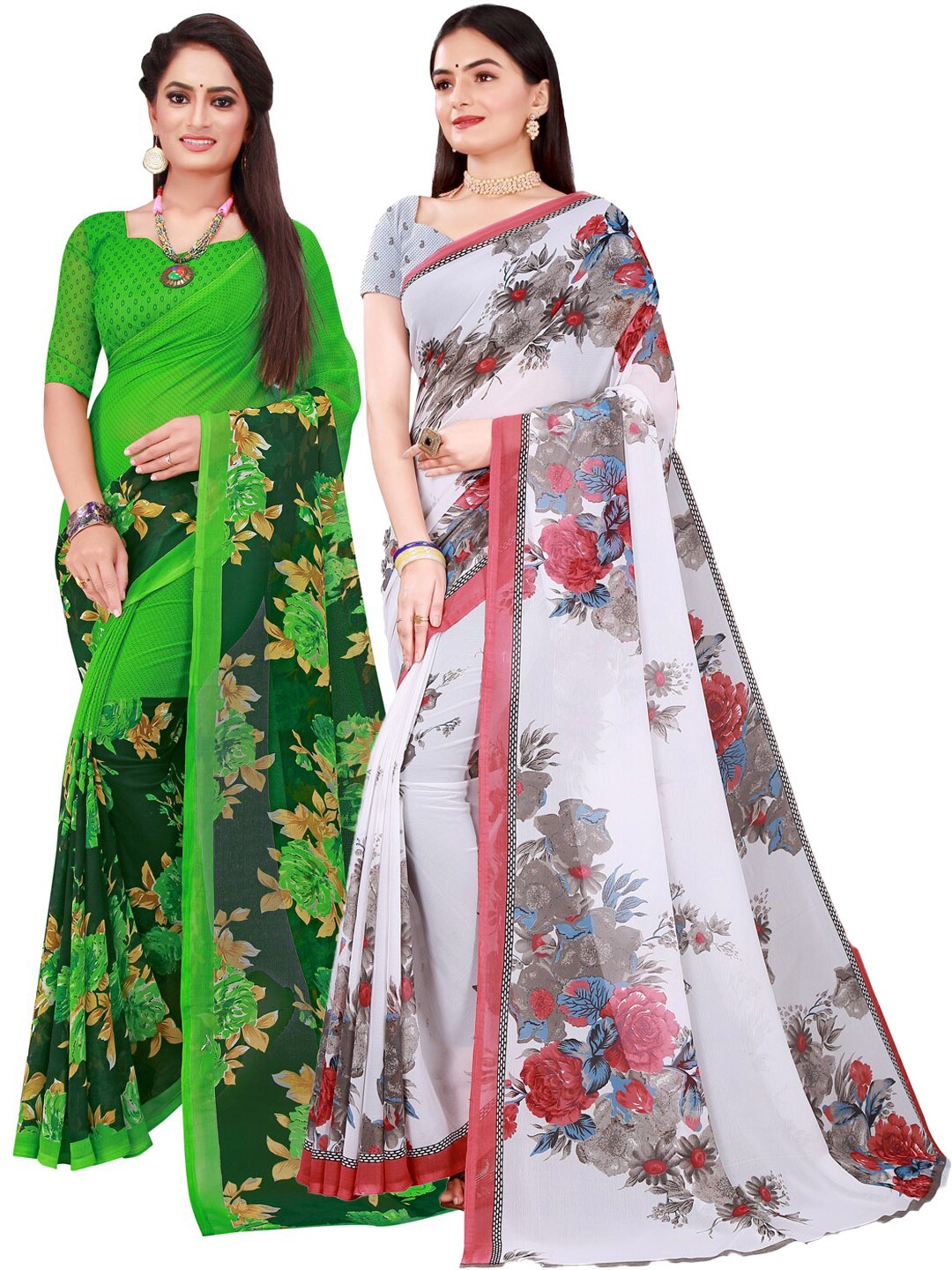 

SAADHVI Green & White Floral Printed Pure Georgette Saree Pack Of 2