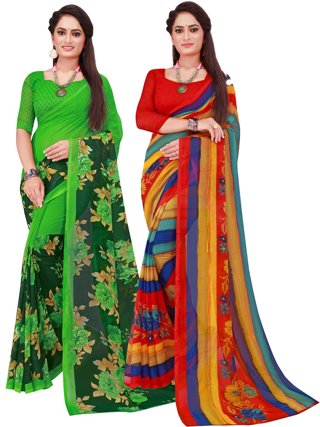 

SAADHVI Green & Red Floral Pure Georgette Saree