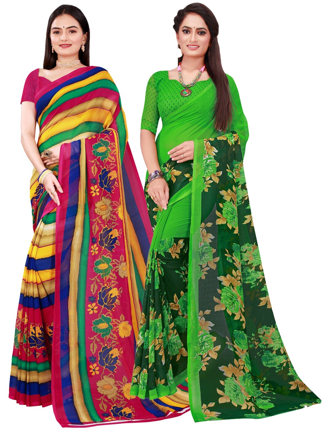 

SAADHVI Pack Of 2 Green & Red Pure Georgette Sarees