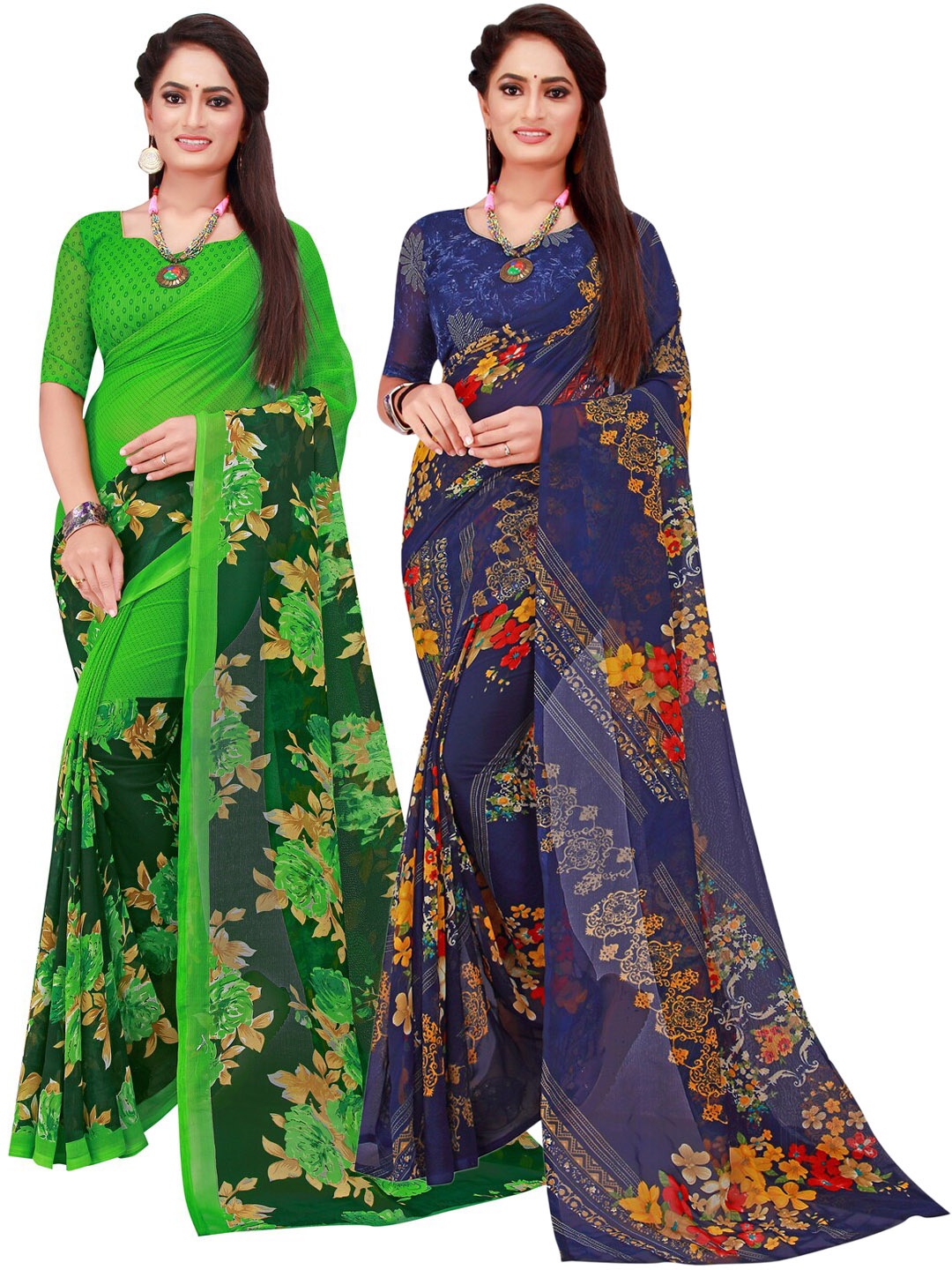 

SAADHVI Green & Navy Blue Set Of 2 Floral Pure Georgette Saree