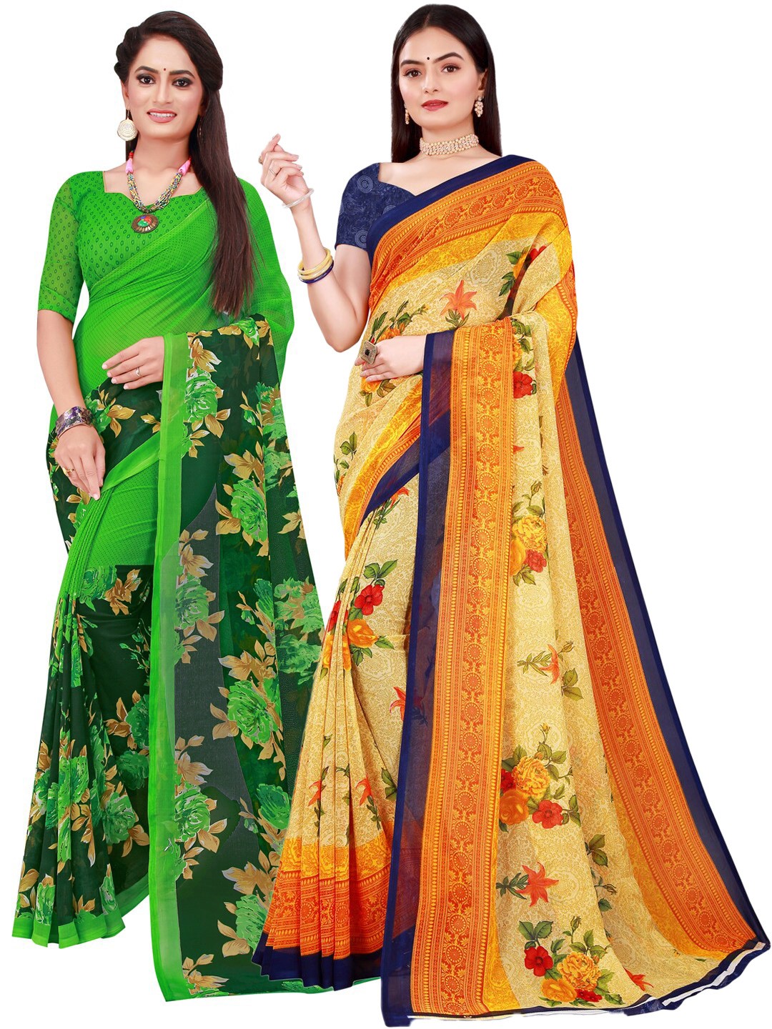 

SAADHVI Set Of 2 Beige & Green Floral Pure Georgette Saree