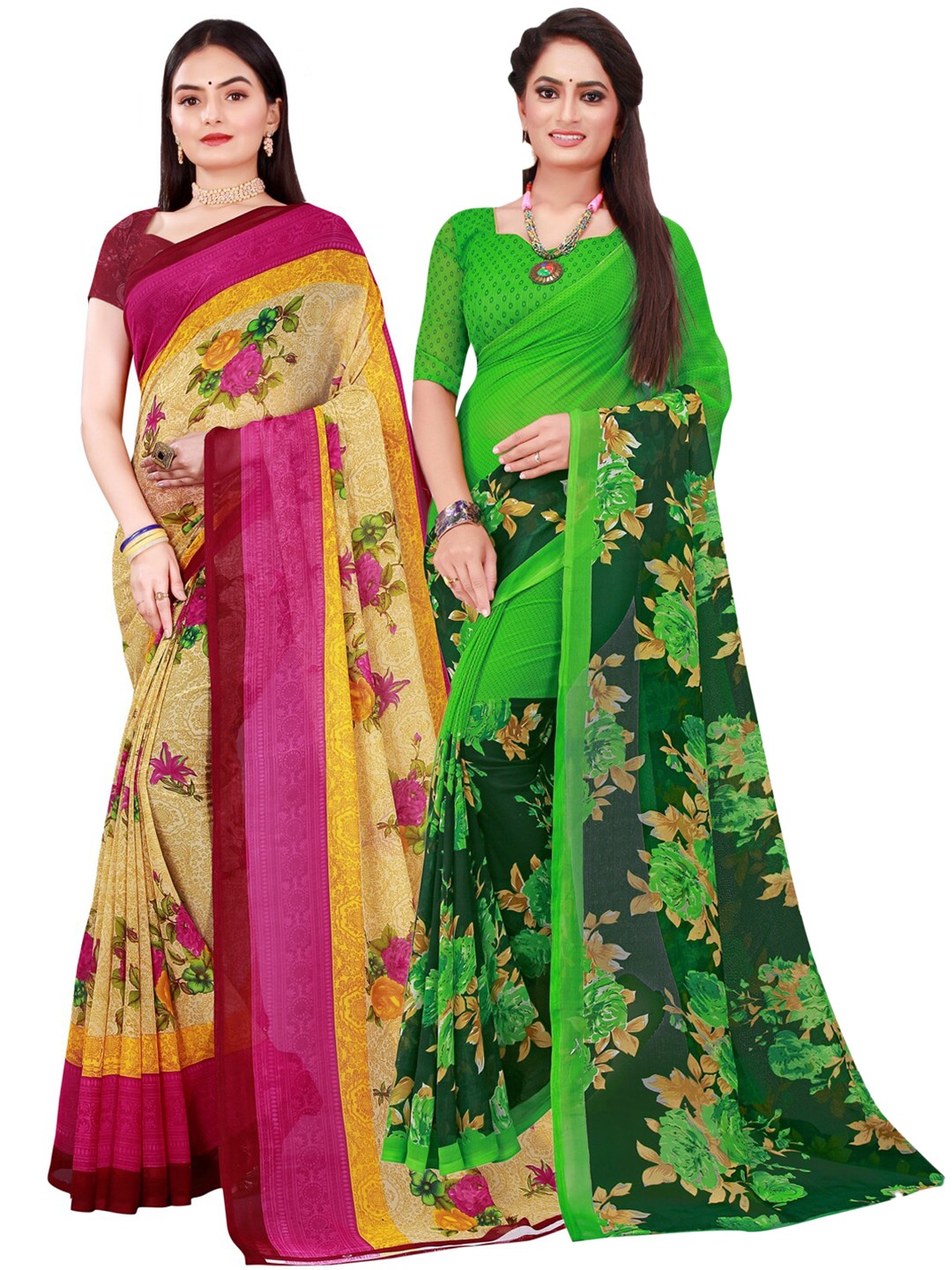 

SAADHVI Beige & Green Set of 2 Floral Printed Georgette saree