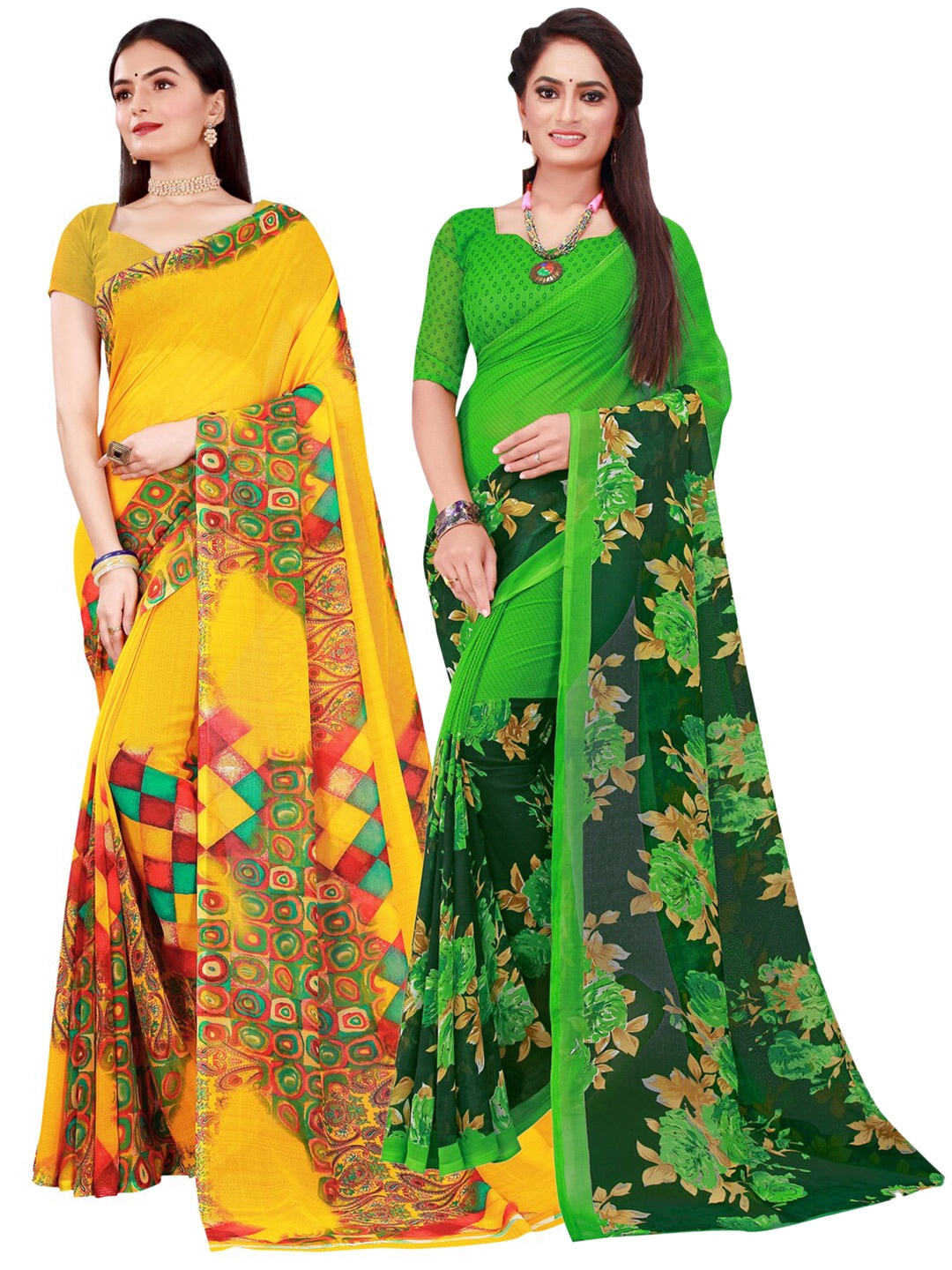 

SAADHVI Green & Yellow Set Of 2 Floral Pure Georgette Saree