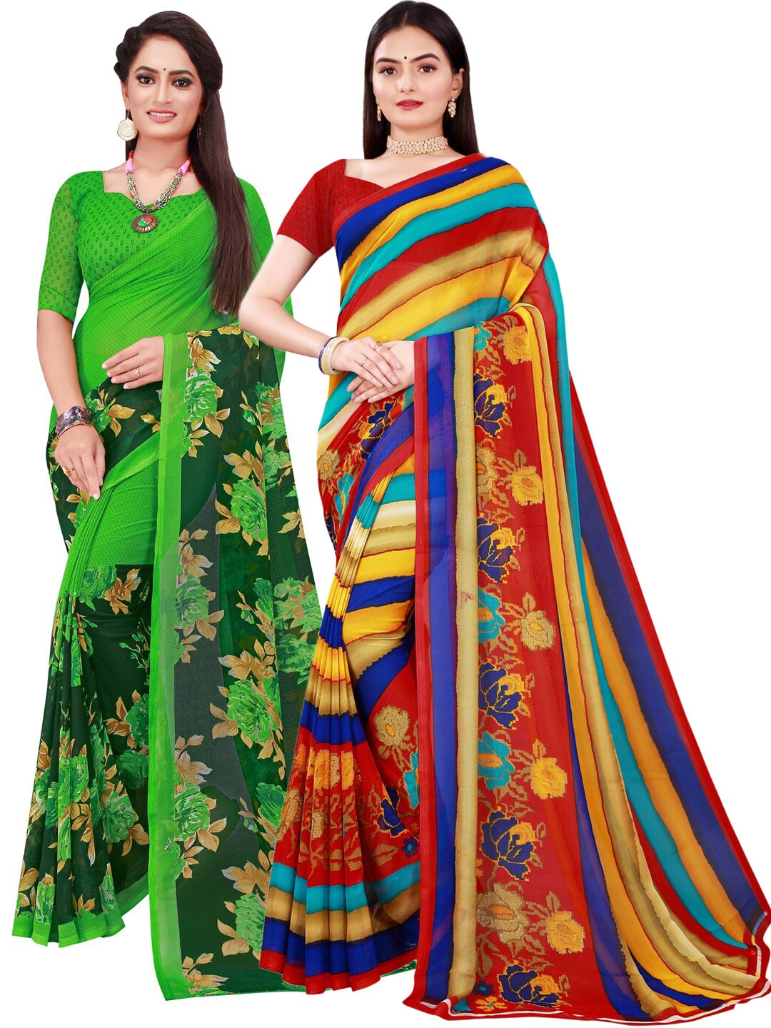 

SAADHVI Green & Yellow Floral Printed Pure Georgette Saree Pack Of 2