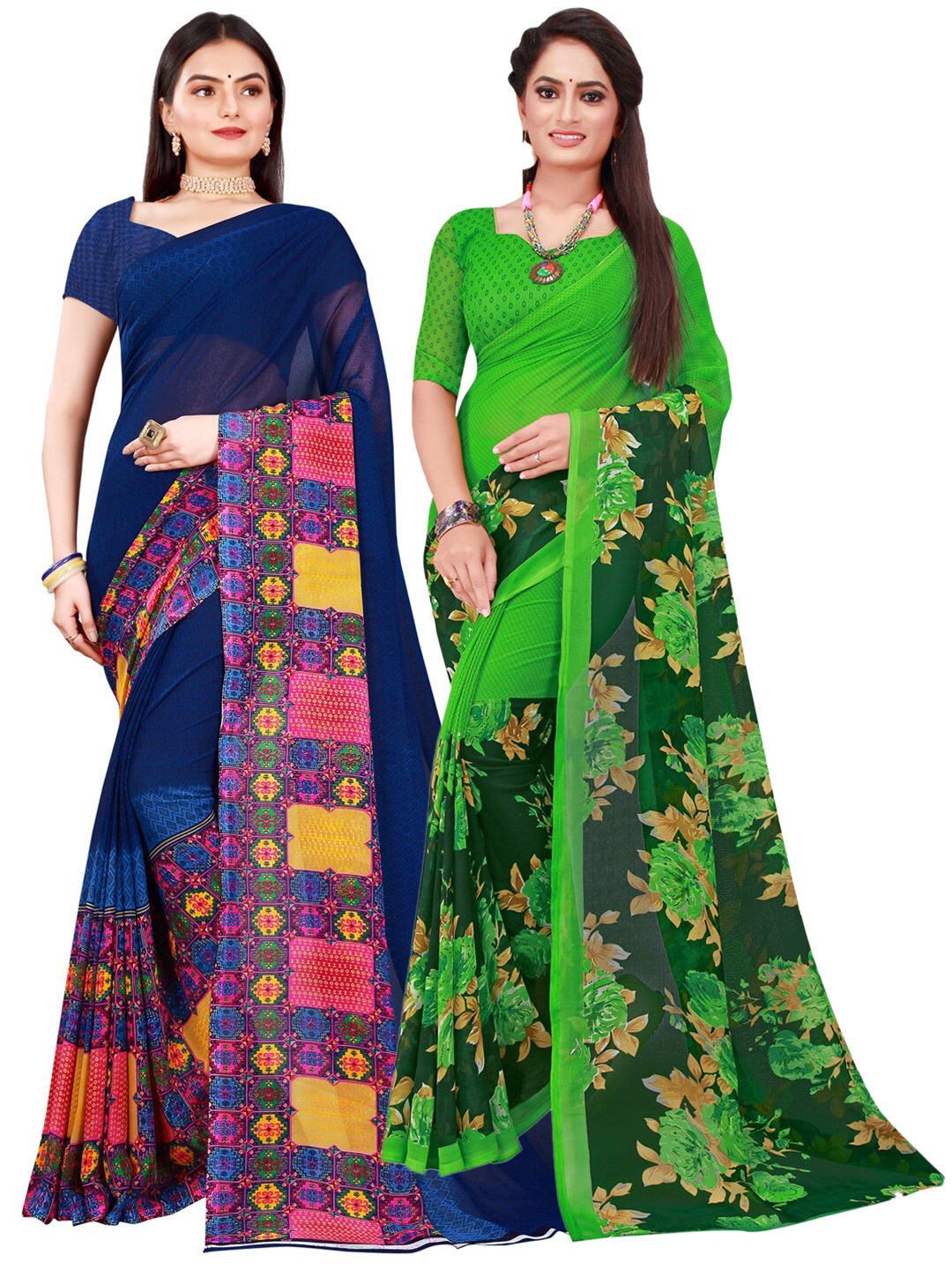 

SAADHVI Pack Of 2 Green & Navy Blue Pure Georgette Sarees