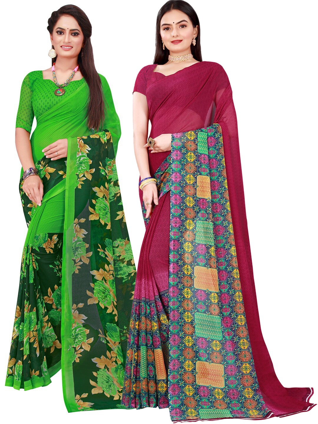 

SAADHVI Green & Maroon Printed Pure Georgette Saree Pack Of 2