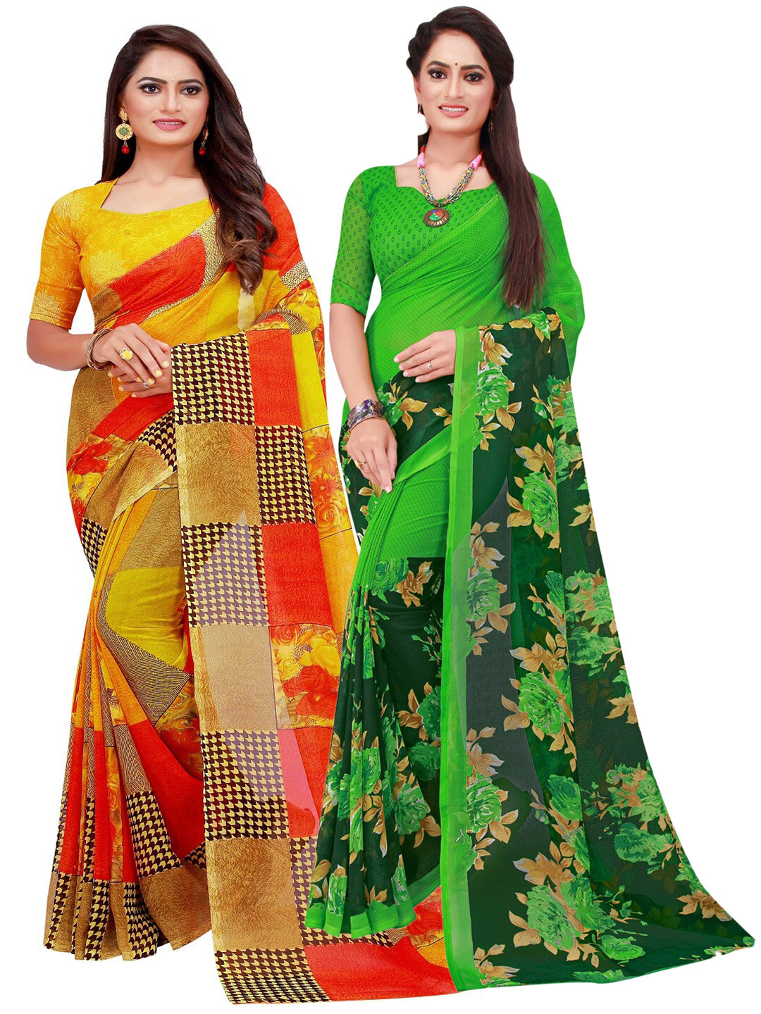 

SAADHVI Set Of 2 Green & Yellow Floral Pure Georgette Saree