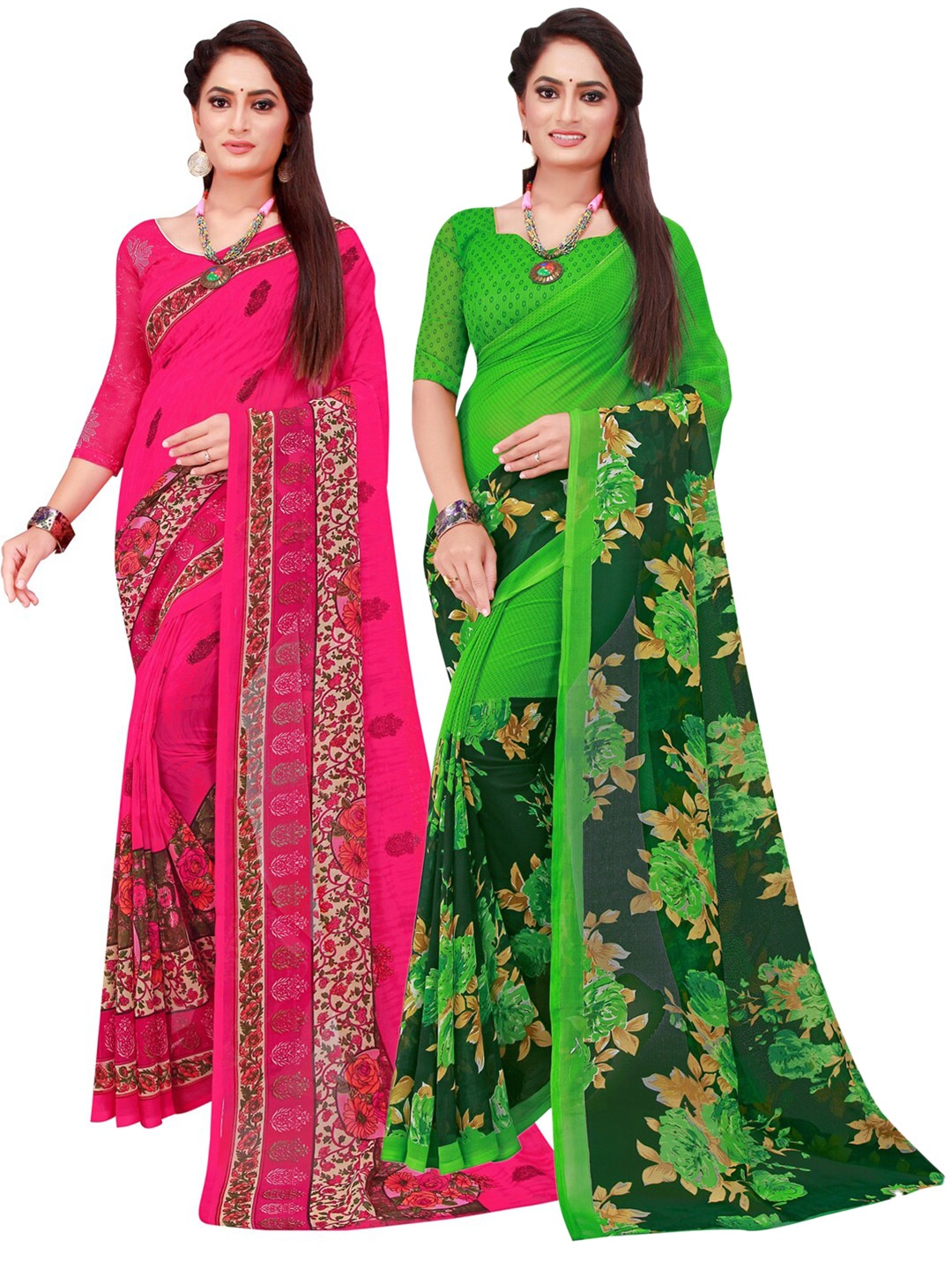 

SAADHVI Green & Magenta Set Of 2 Floral Pure Georgette Saree