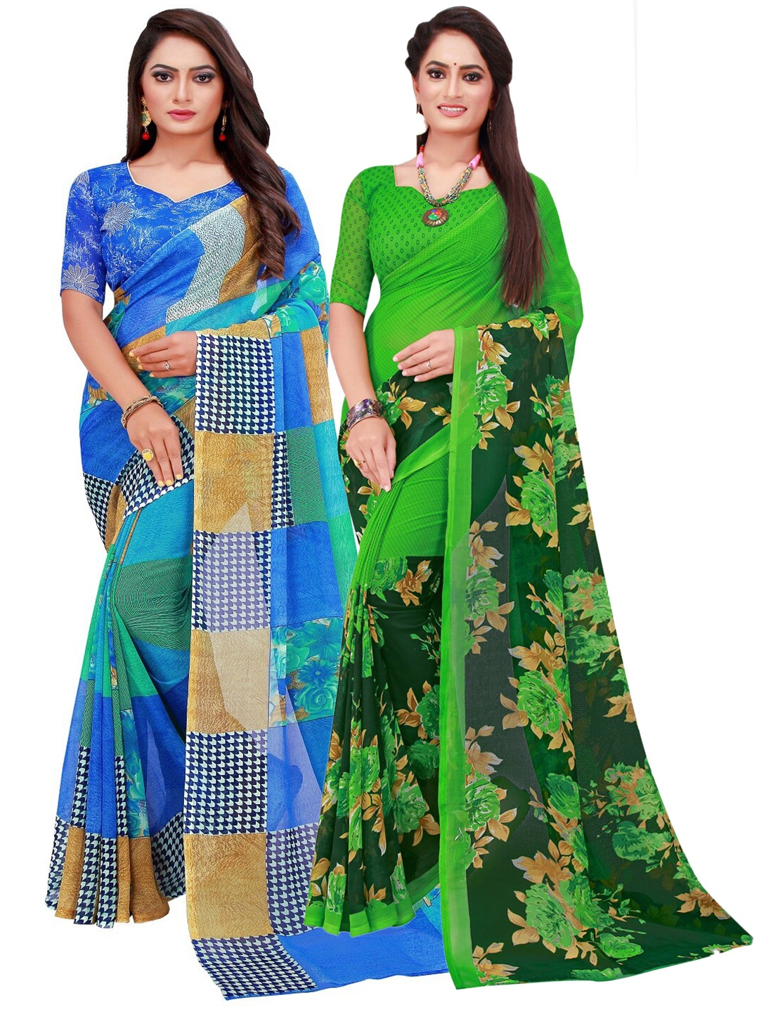 

SAADHVI Pack Of 2 Blue & Green Floral Pure Georgette Sarees